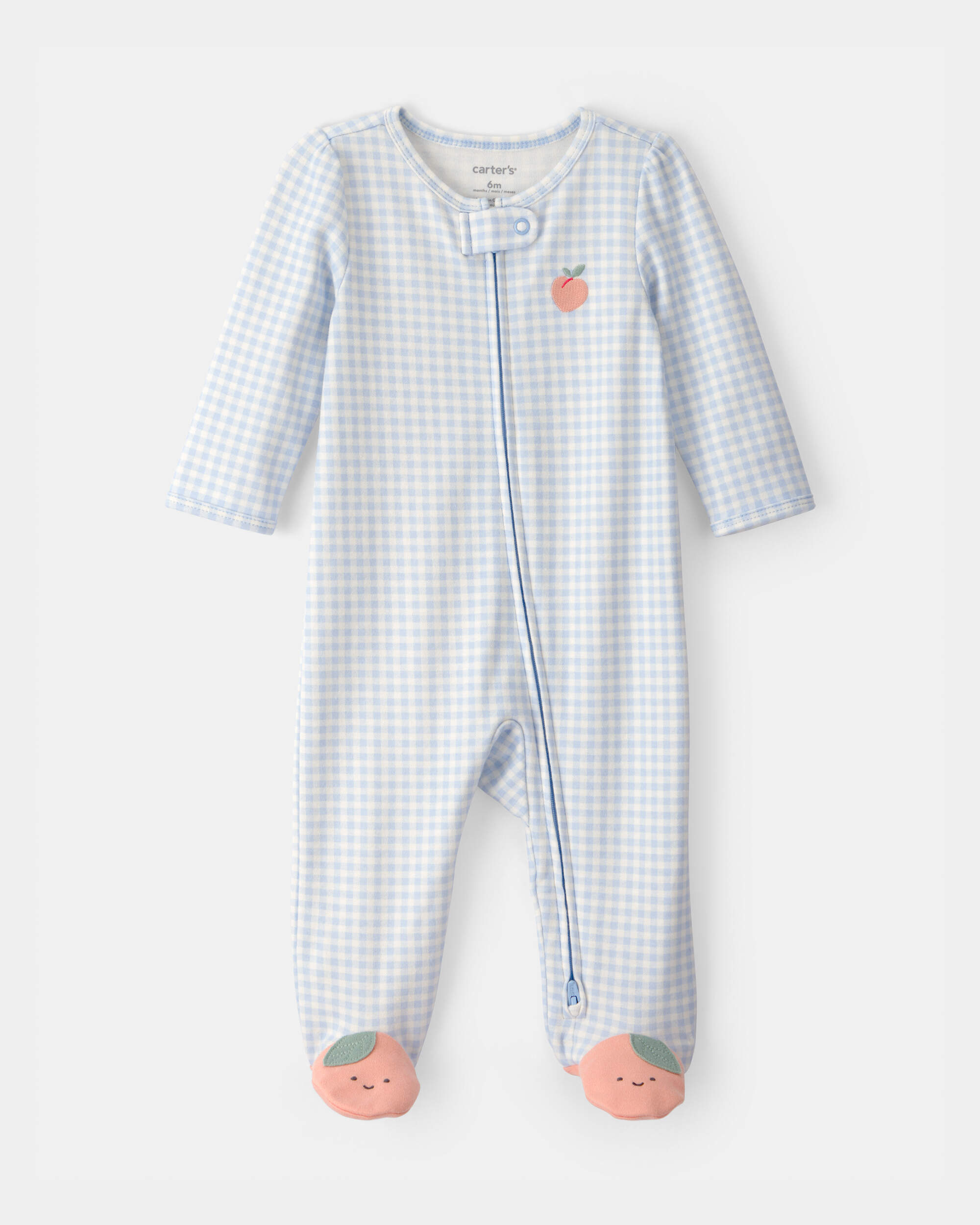 Baby Girl Peach Gingham 2-Way Zip 100% Cotton Sleeper - Blue