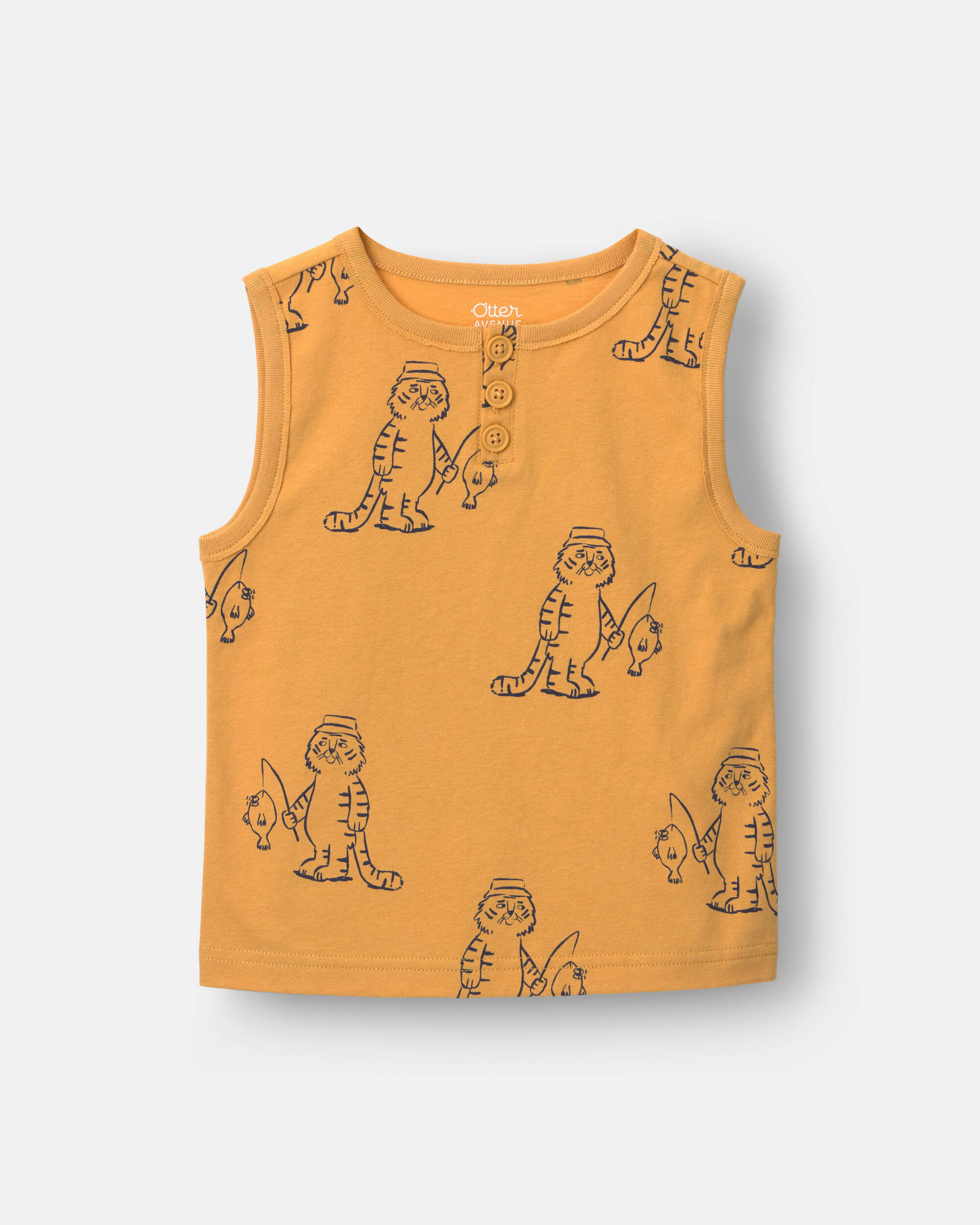 Toddler Boy Henley Tank Fishing Tiger Print - Mustard Yellow