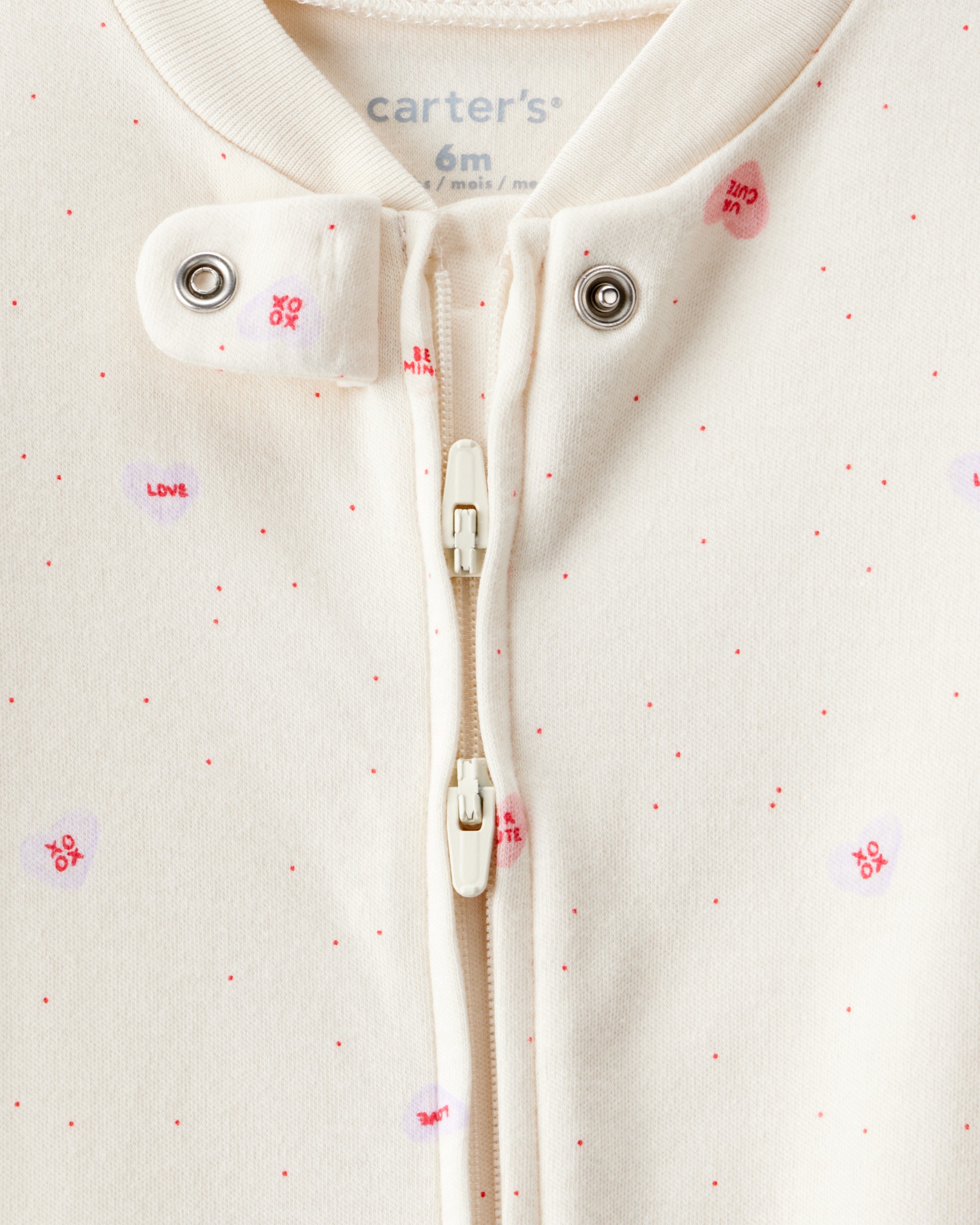 Baby Girl Valentine's Day Candy Heart 100% Cotton Snug Fit 2-Way Zip Sleeper - White