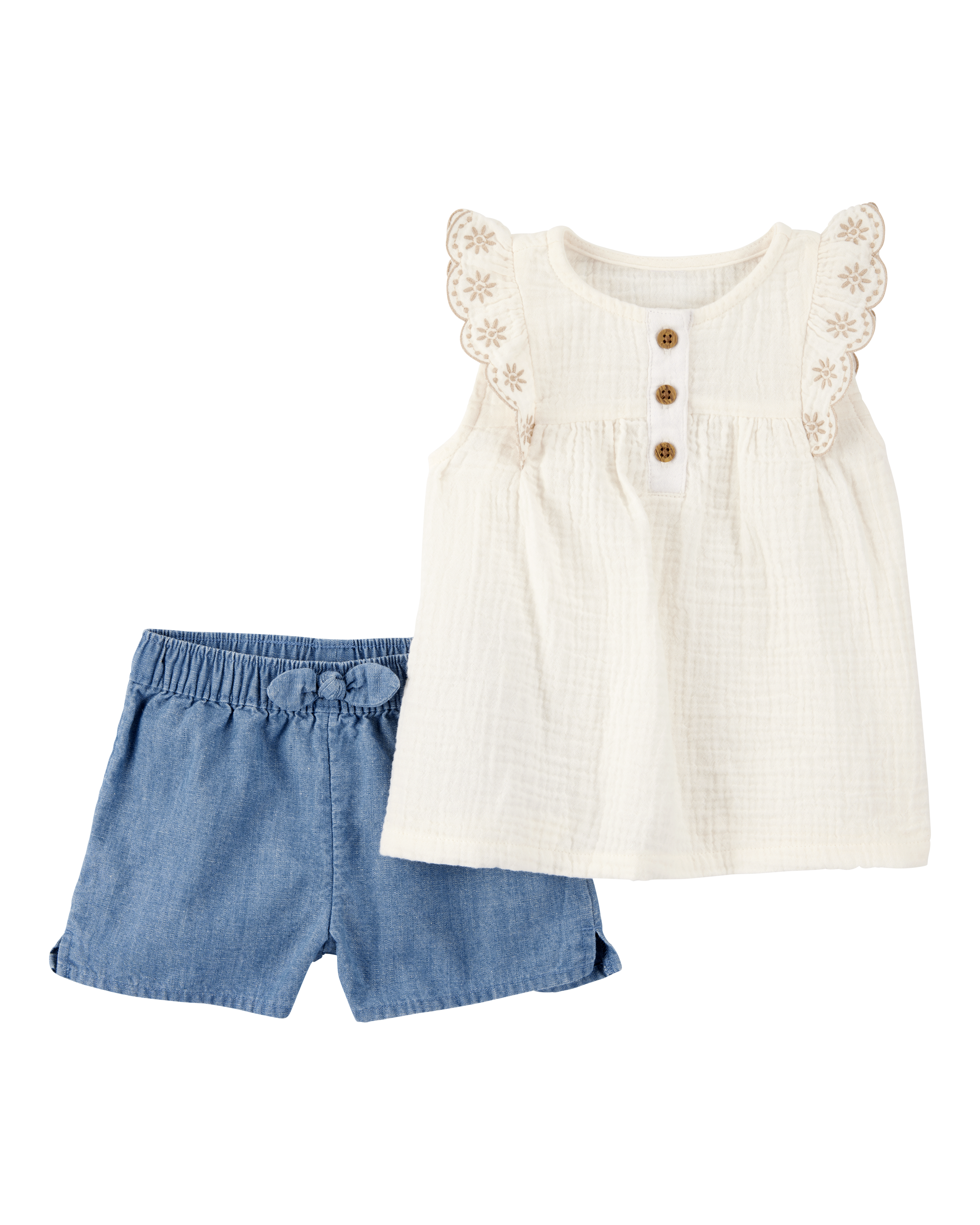 Baby 2-Piece Eyelet-Sleeve Tank & Pull-On Chambray Short Set - Ivory/Chambray