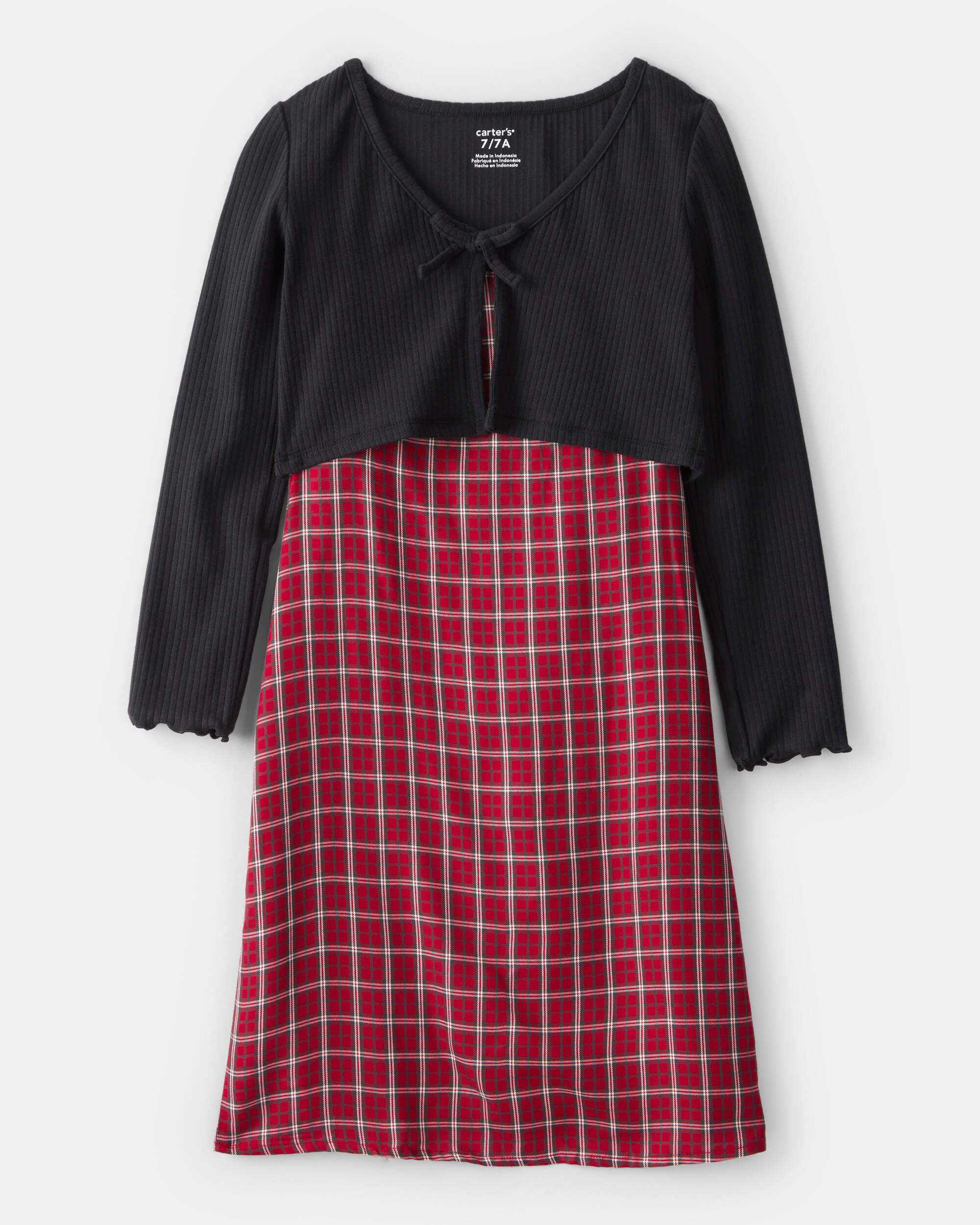 Girls 2-Piece Plaid Long-Sleeve Dress Set - Red