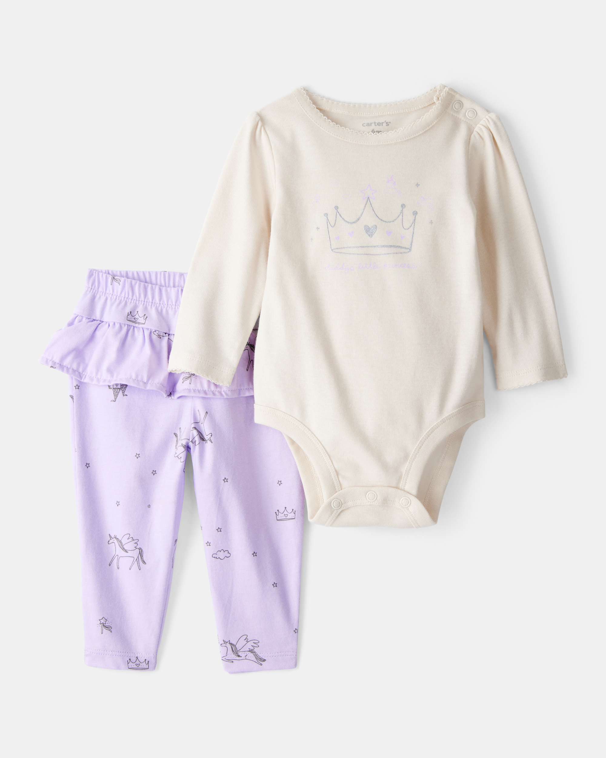 Baby Girl Princess Print Cotton Long-Sleeve Bodysuit & Pant Set - White/Purple