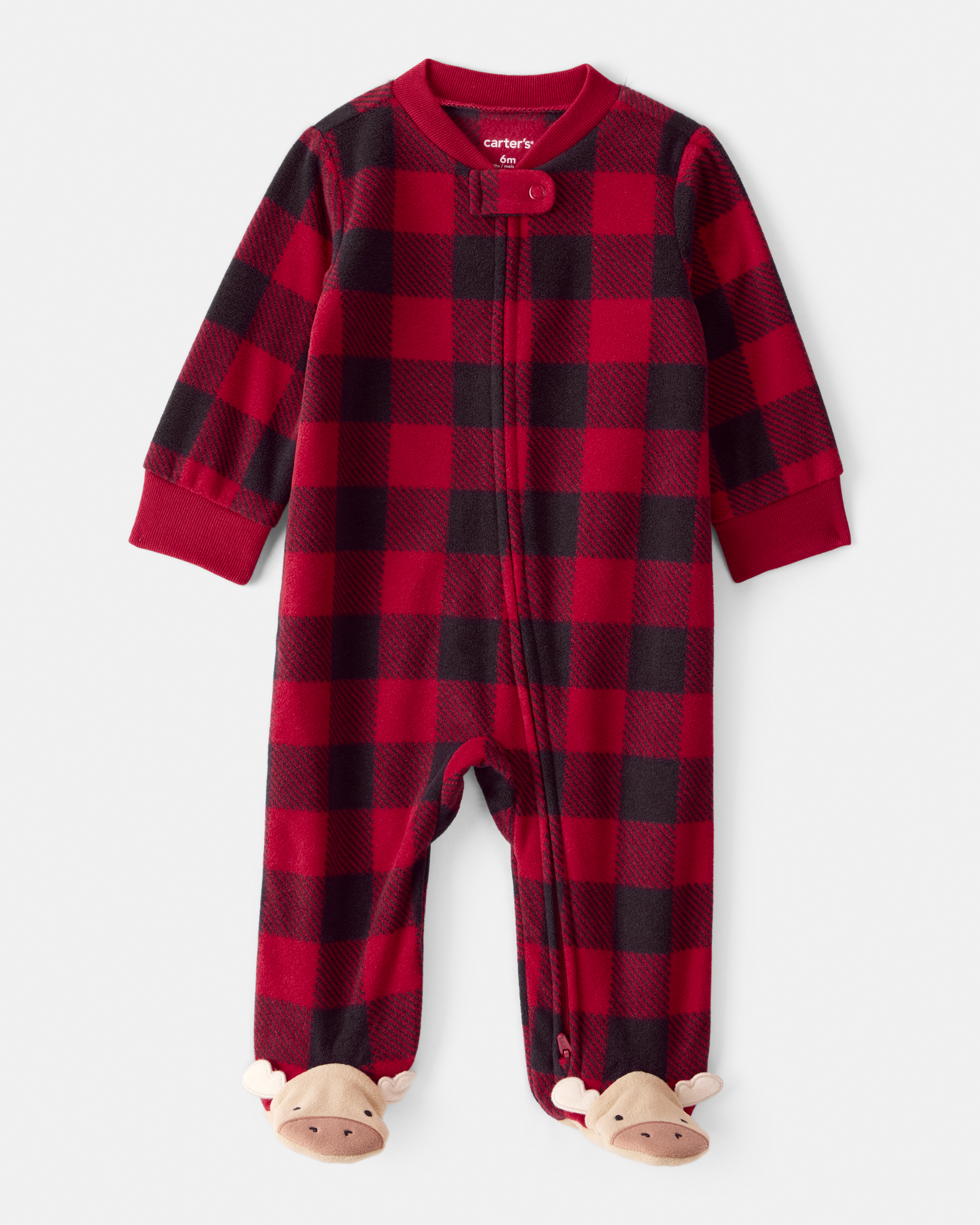 Baby Plaid Print Reindeer Christmas Loose Fit Long-Sleeve Sleeper - Red
