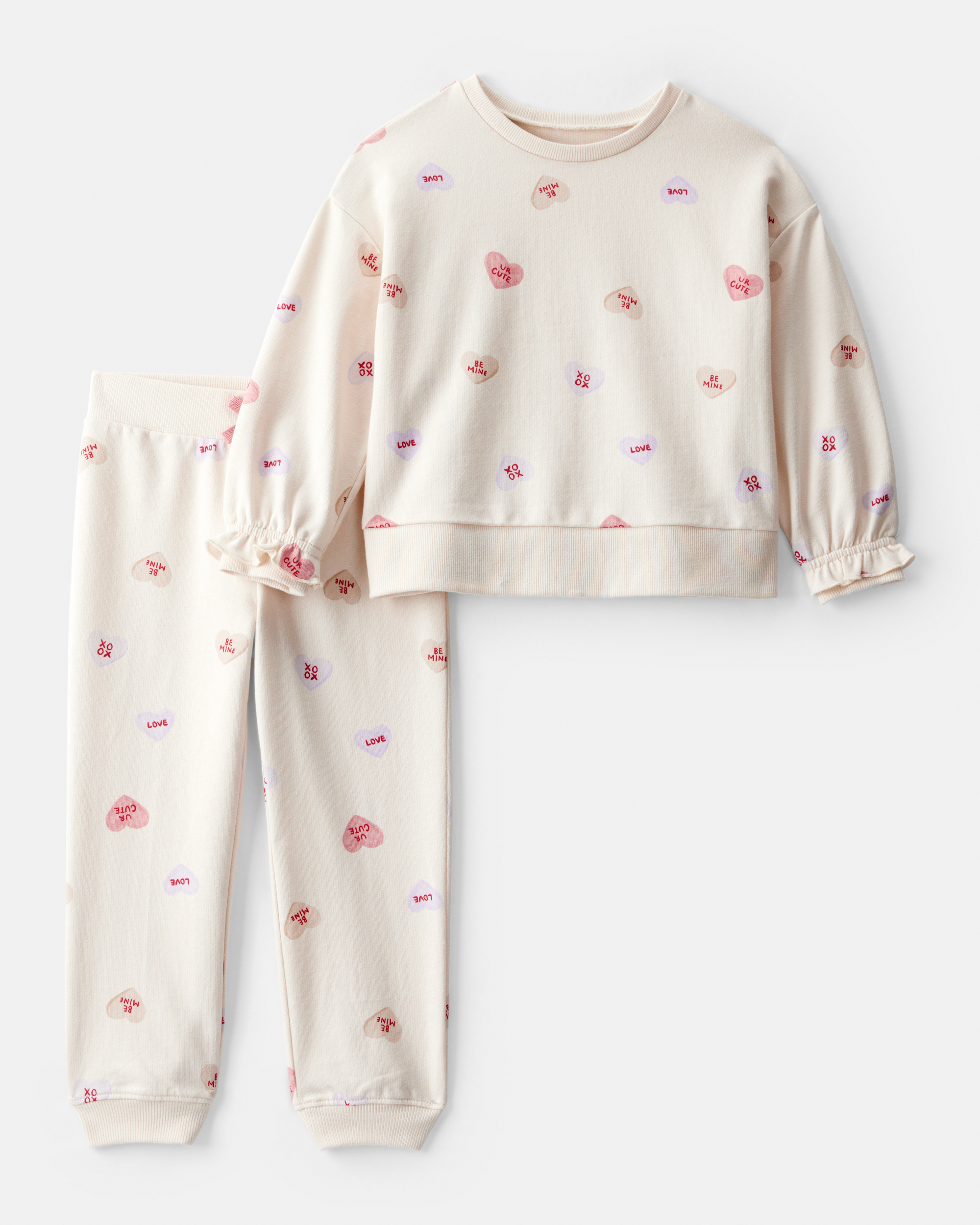 Toddler Girl DayDream Fleece Candy Heart French Terry Pullover & Pant Set - Cream