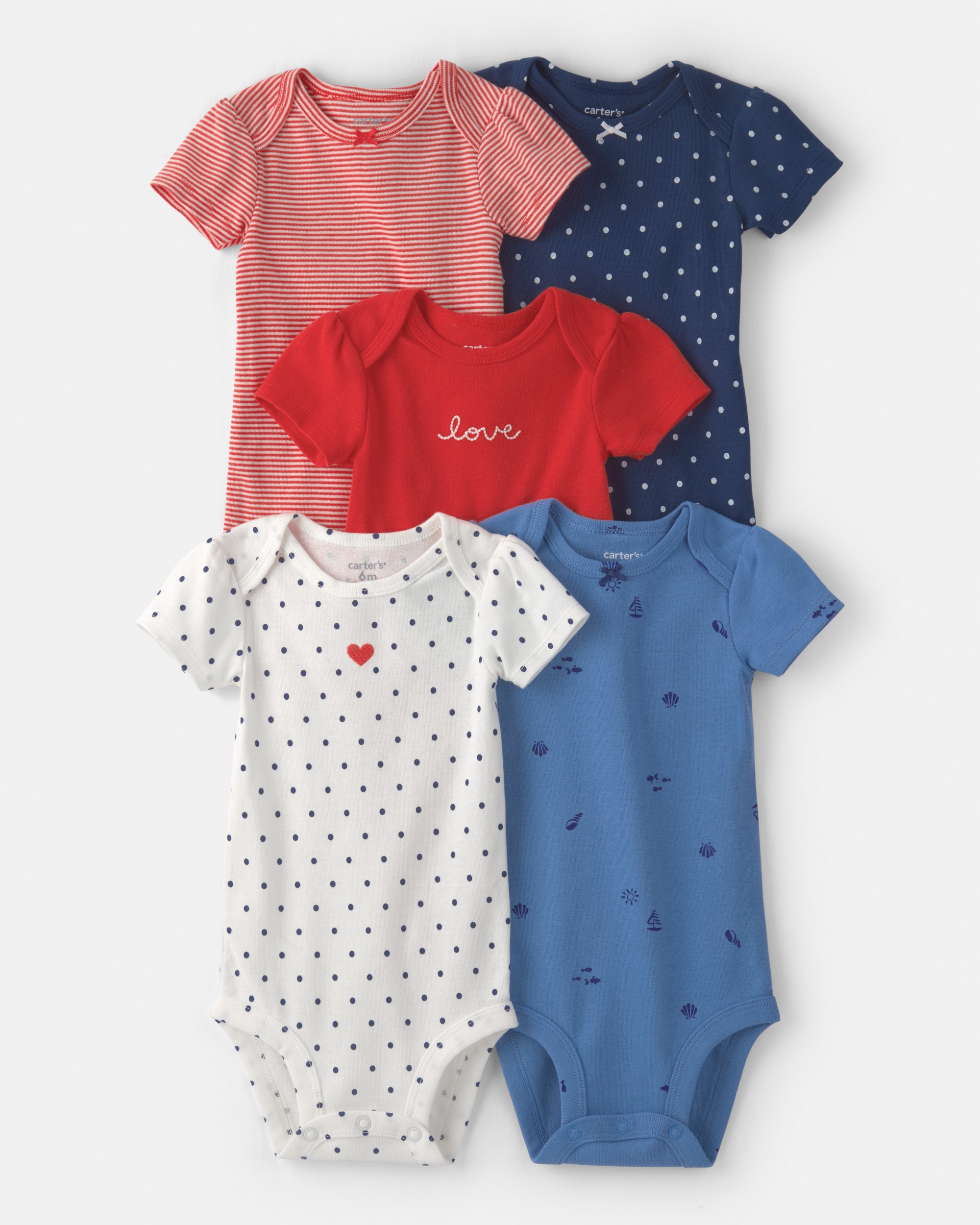 Baby Girl 5-Pack Beach Multipack Bodysuits - Red/White/Blue