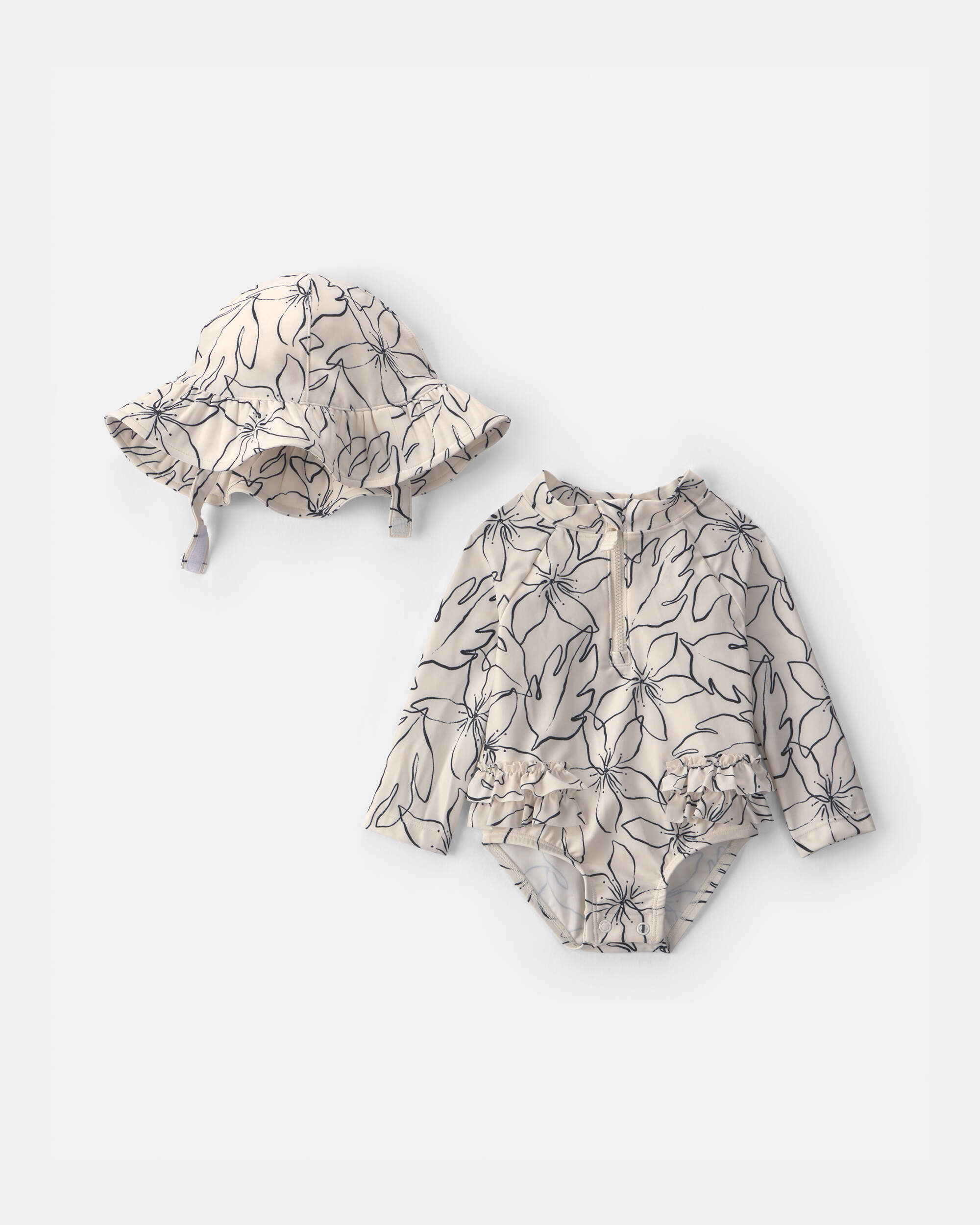 Baby Girl 2-Piece Long-Sleeve Rashguard Swimsuit & Hat Set - Black/Ivory