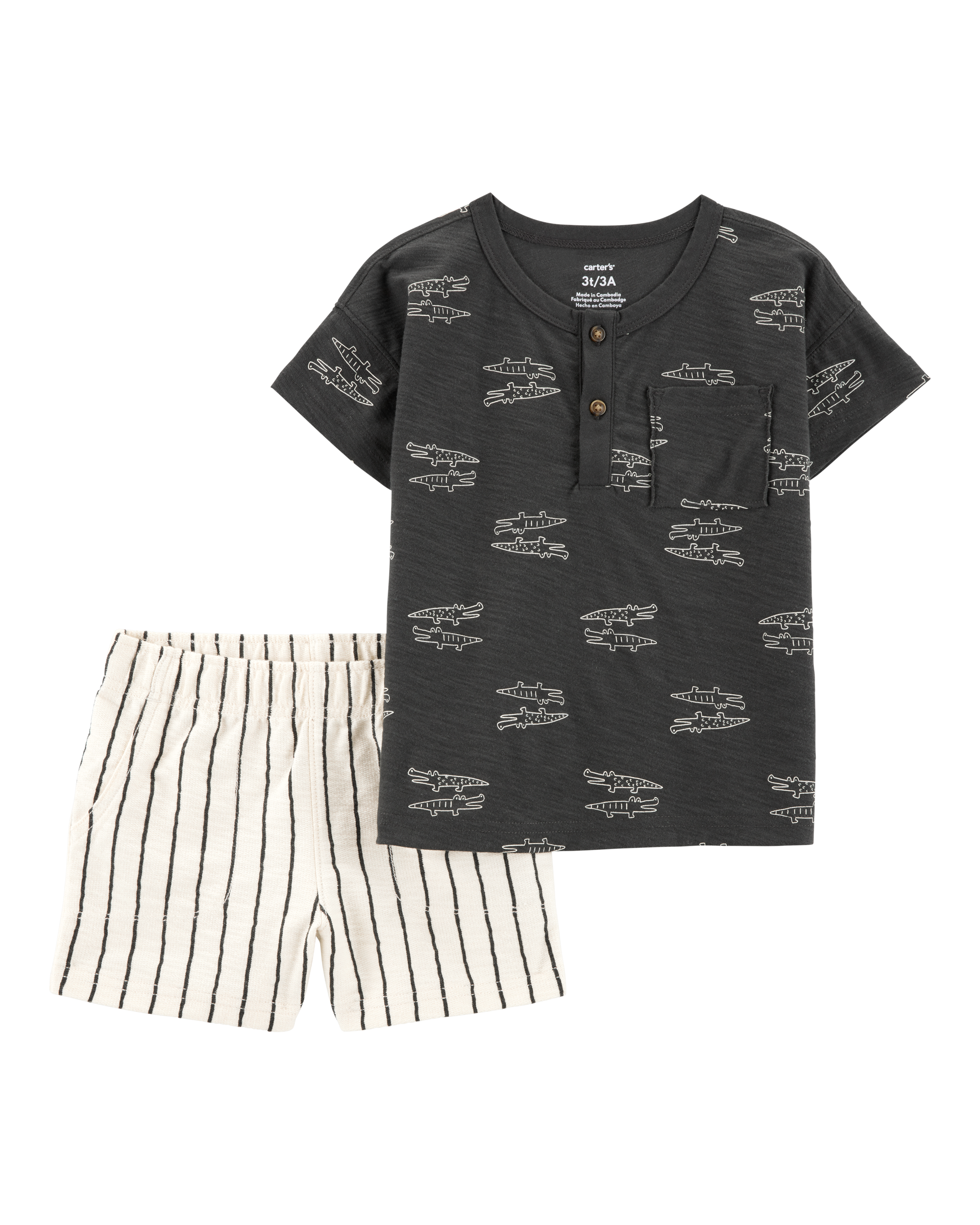 Toddler 2-Piece Alligator Henley Tee & Striped Pull-On Shorts