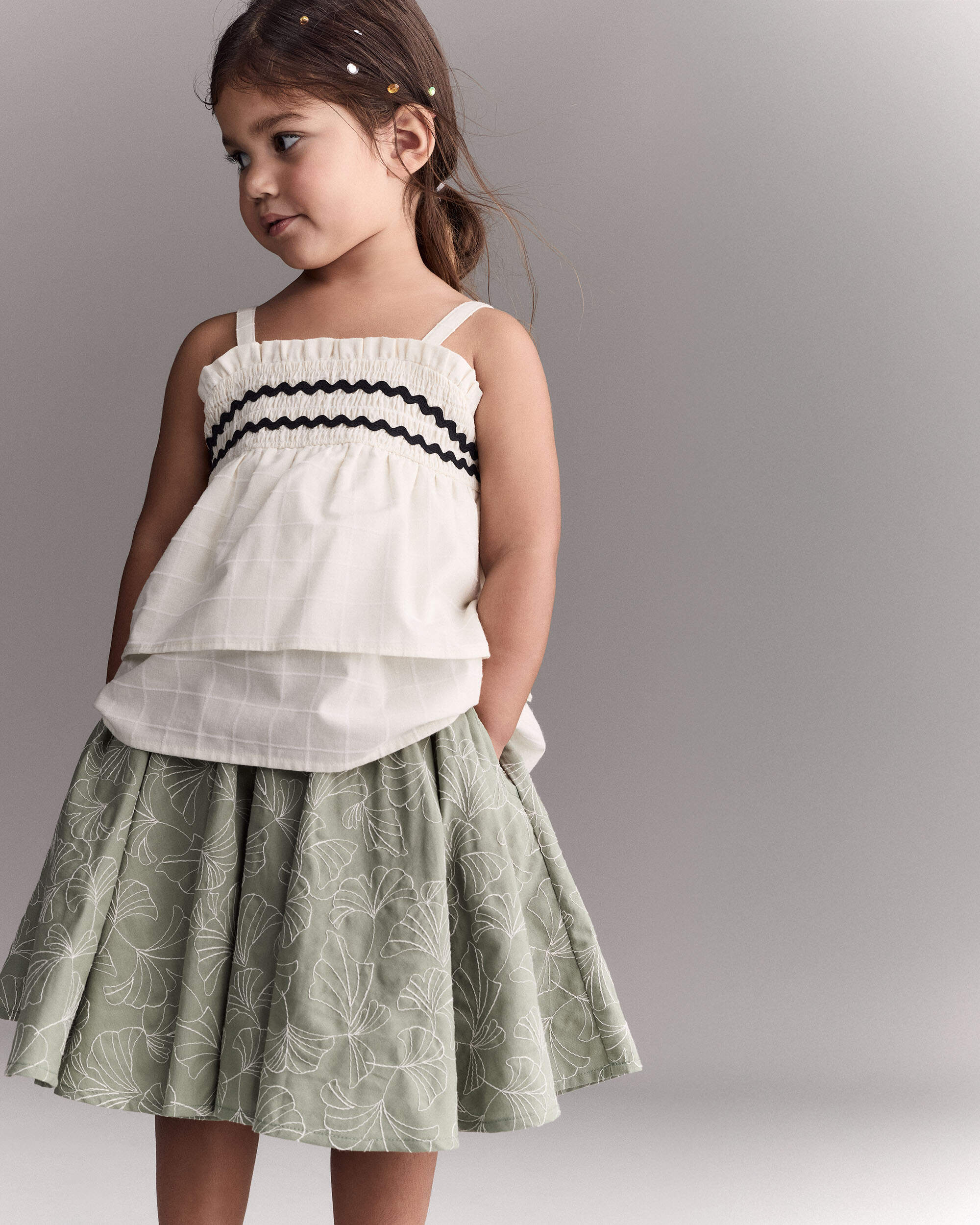 Toddler Girl Smocked Ric-Rac Tiered Top - Cream