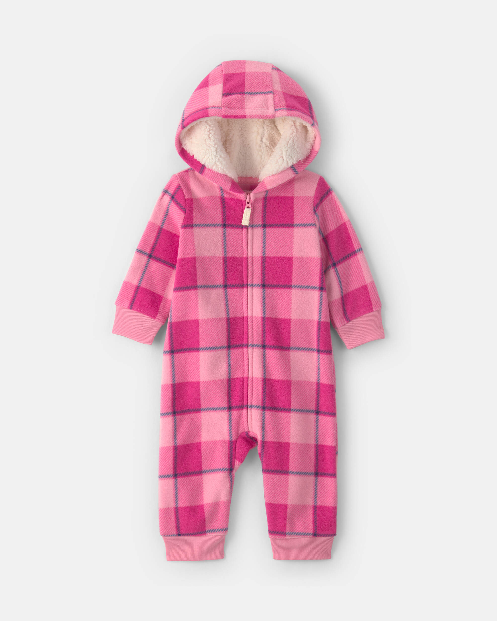 Baby Girl Buffalo Check Fleece Long-Sleeve Hooded Jumpsuit - Pink