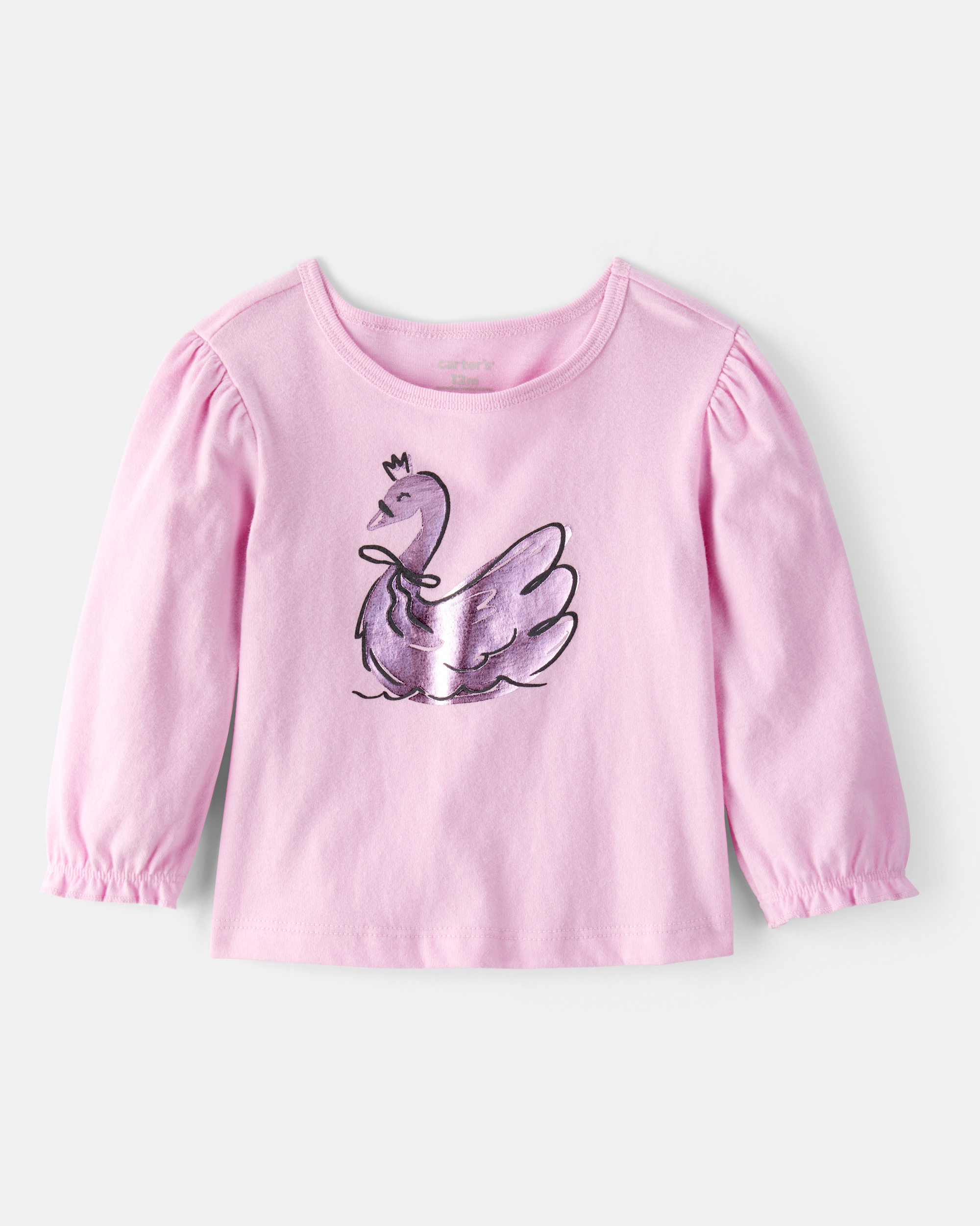 Baby Girl Metallic Swan Long-Sleeve Graphic Tee - Pink