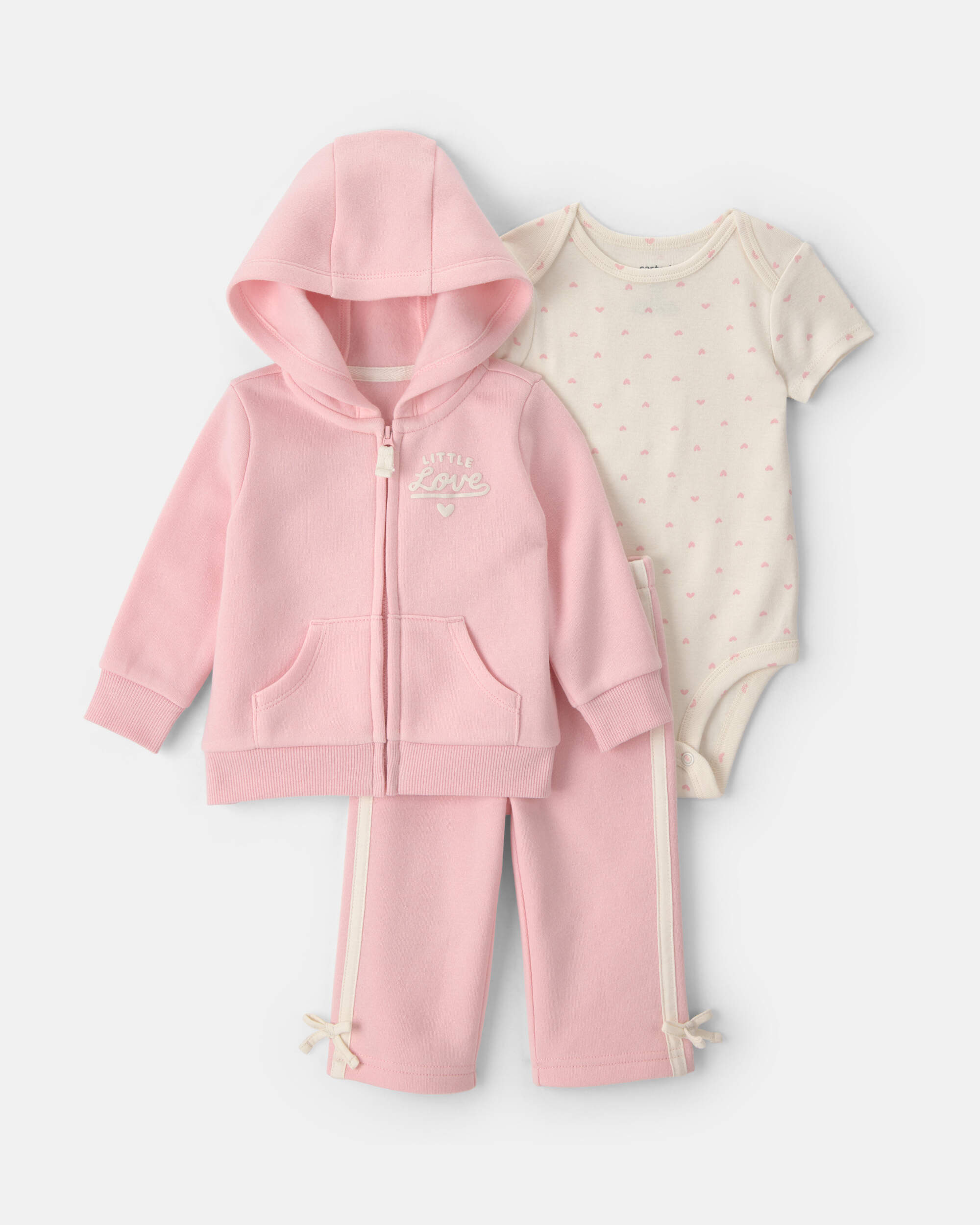 Baby Girl 3-Piece 'Little Love' Heart Valentine's Day Fleece Long-Sleeve Layering Set - Pink