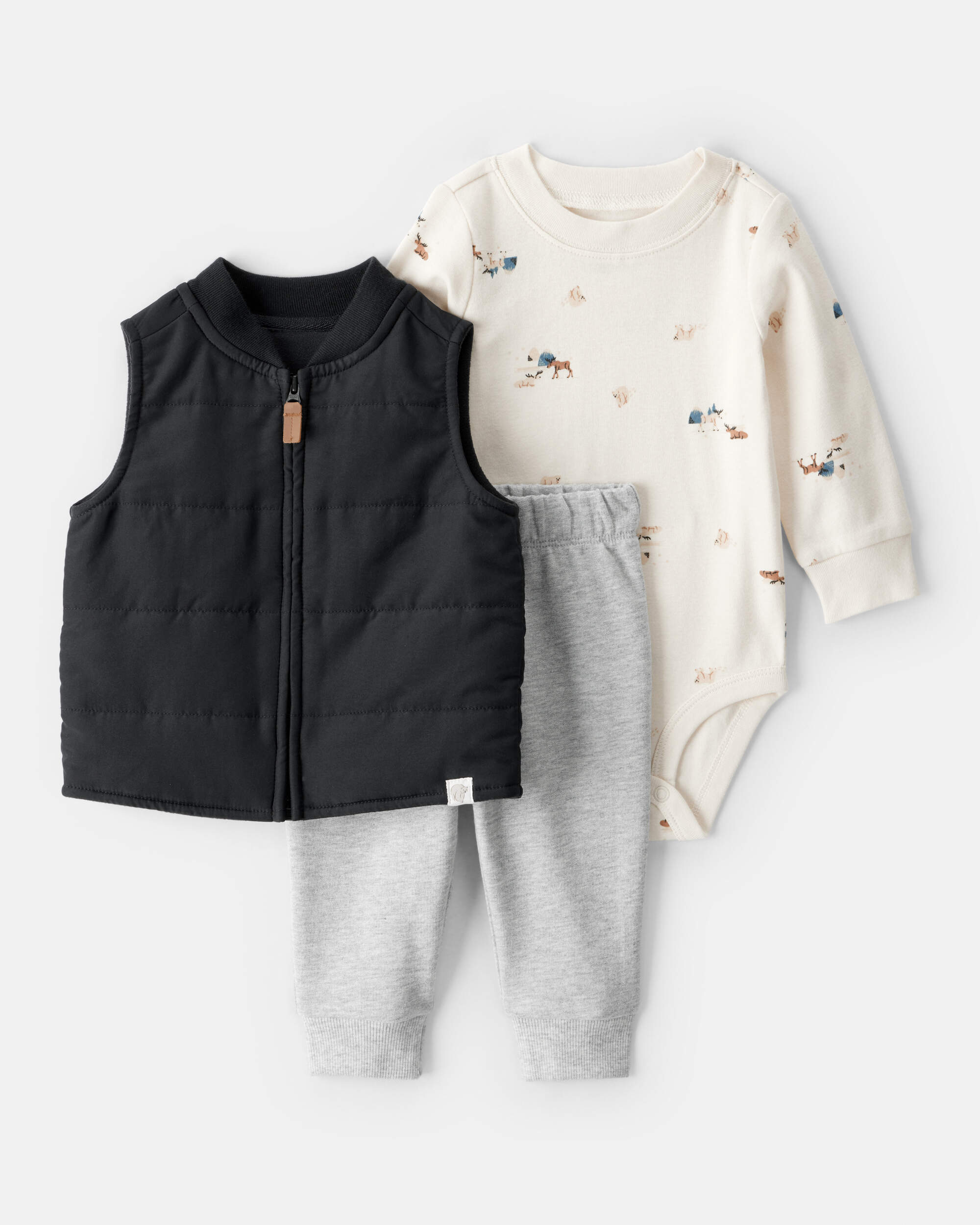 Baby Boy 3-Piece Quilted Vest Outfit Set - Grey/Black