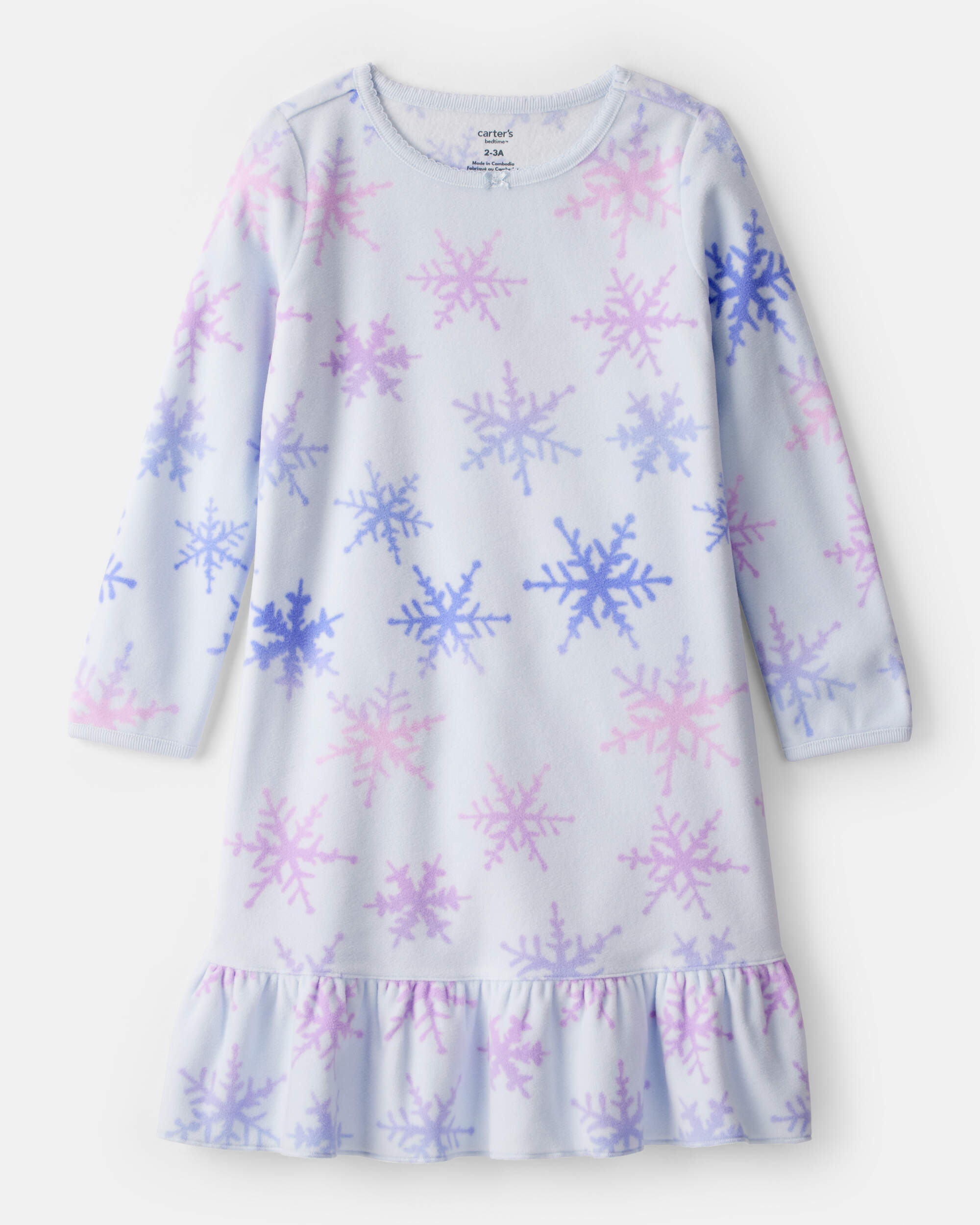 Girls Snowflake Print Fleece Long-Sleeve Loose Fit Night Gown - Blue