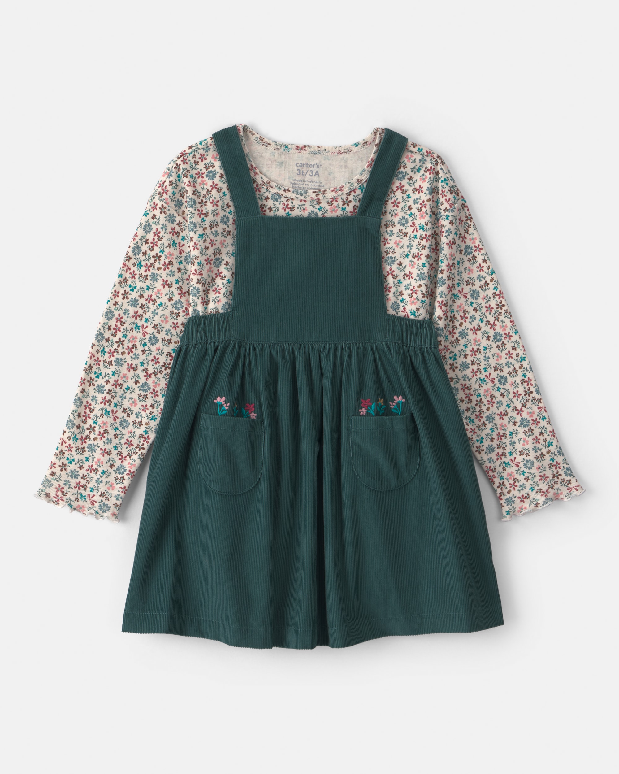 Toddler Girl 2-Piece Floral Corduroy Long-Sleeve Dress Set