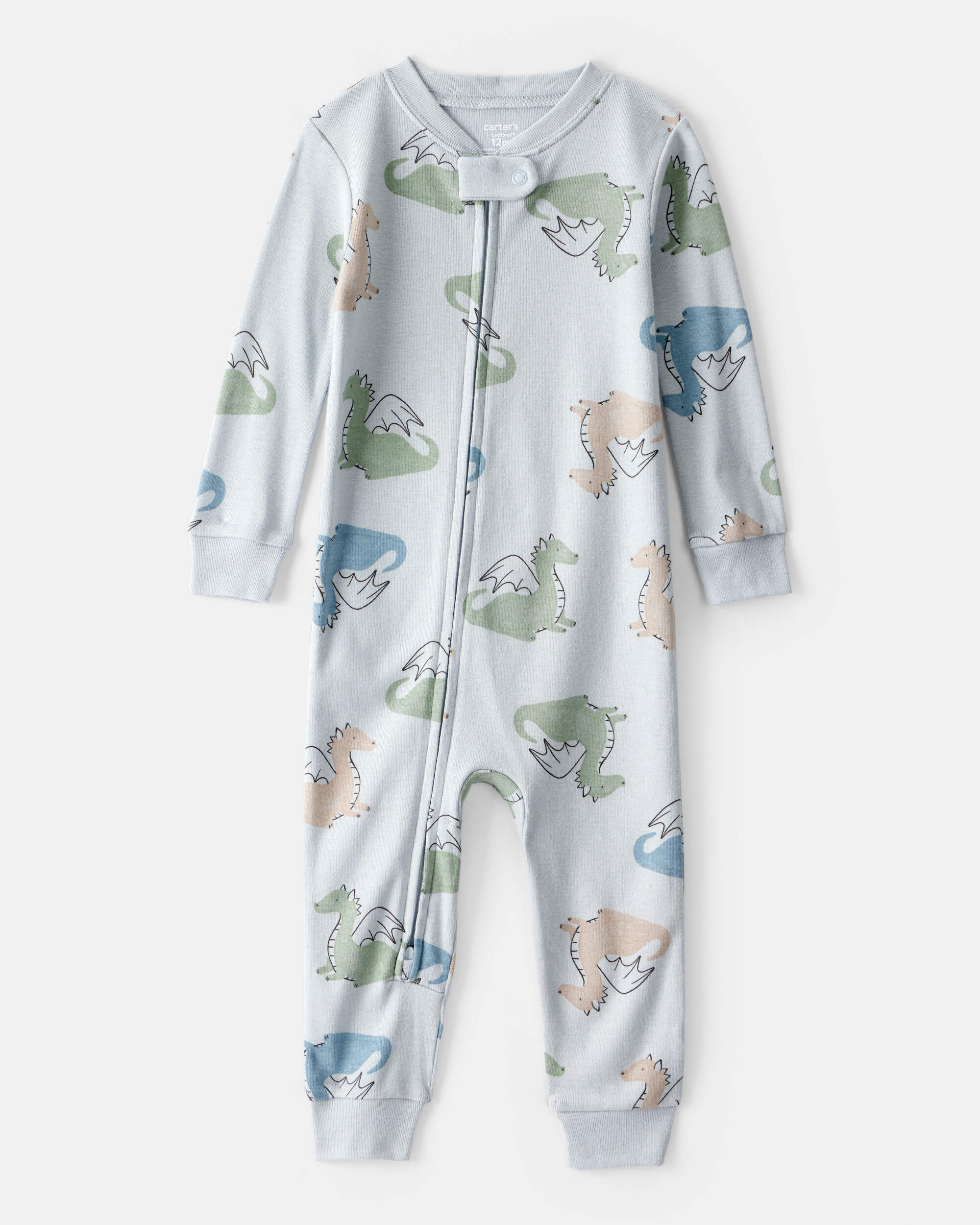 Baby Boy Dragon Print 100% Cotton Long-Sleeve 2-Way Zip 1-Piece Pyjamas