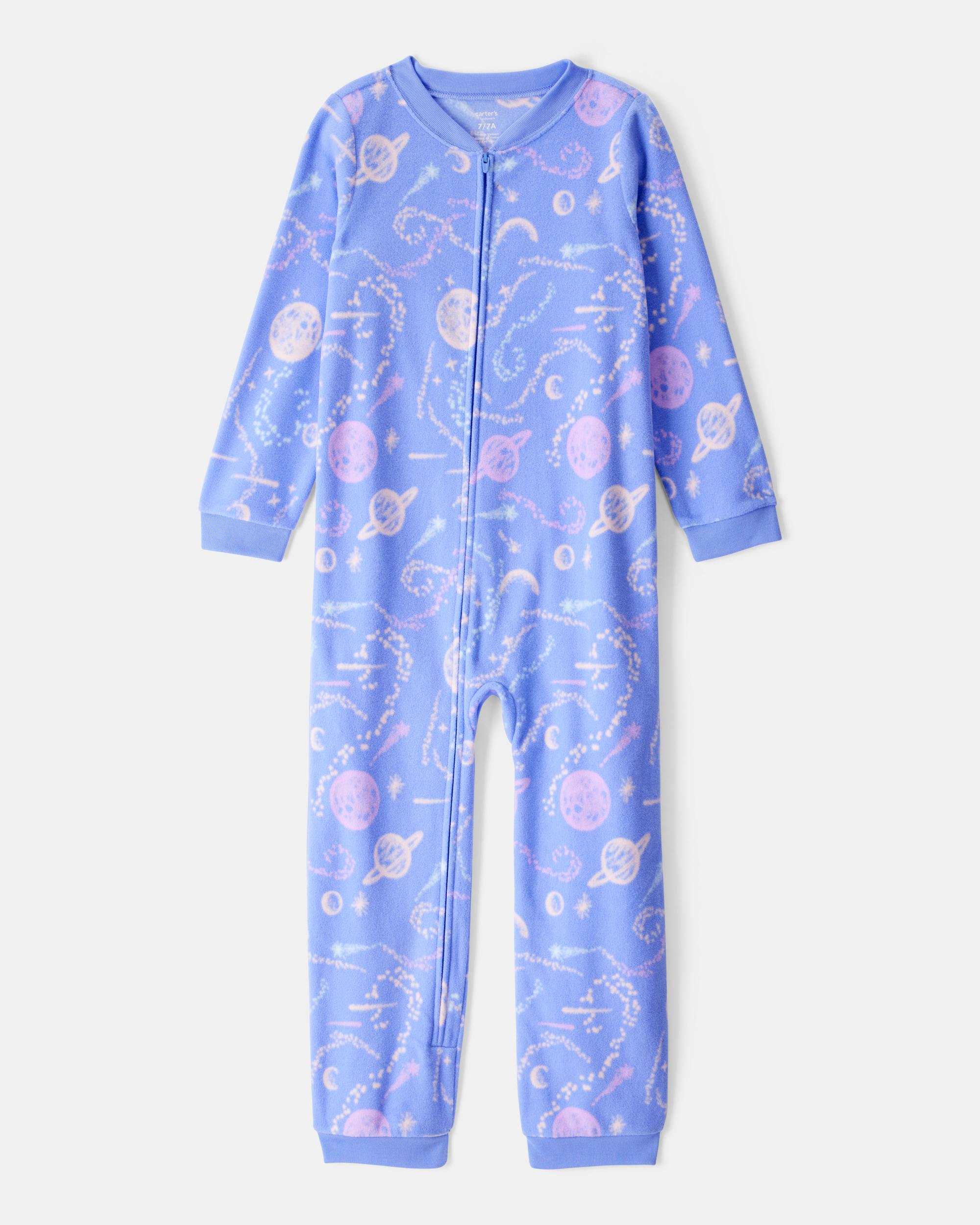 Girls Space Print Loose Fit Long-Sleeve Zip-Up 1-Piece Pyjamas - Blue