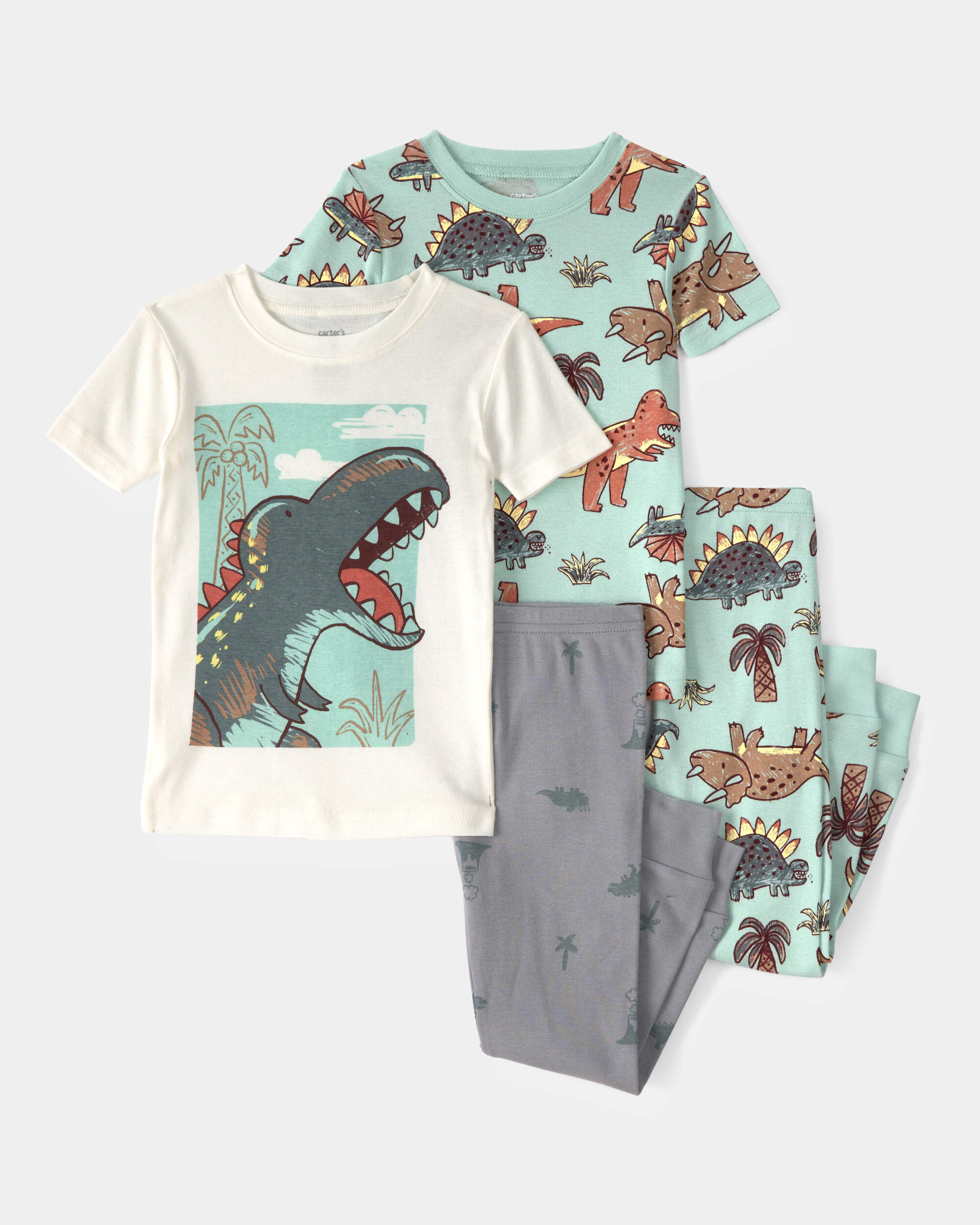Toddler Boy Dinosaur 100% Cotton Snug Fit 4-Piece Pyjama Set - Blue/Grey