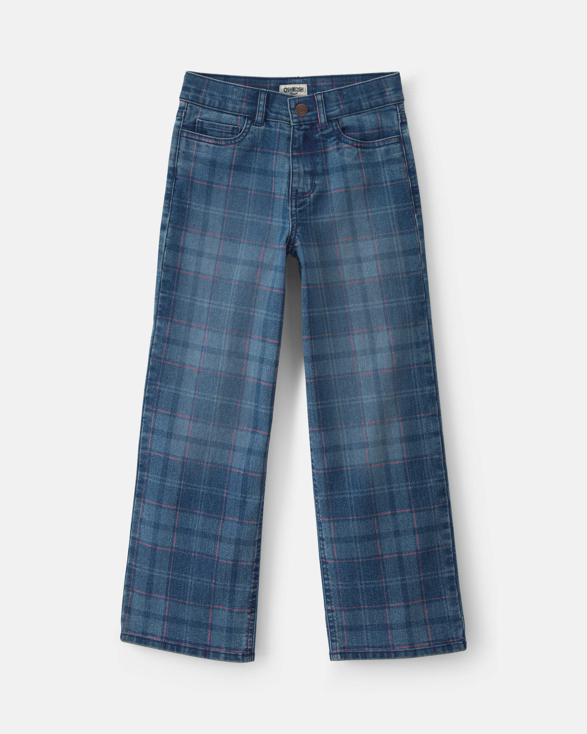 Girls Plaid Denim Wide-Leg Jeans - Medium Wash, , hi-res