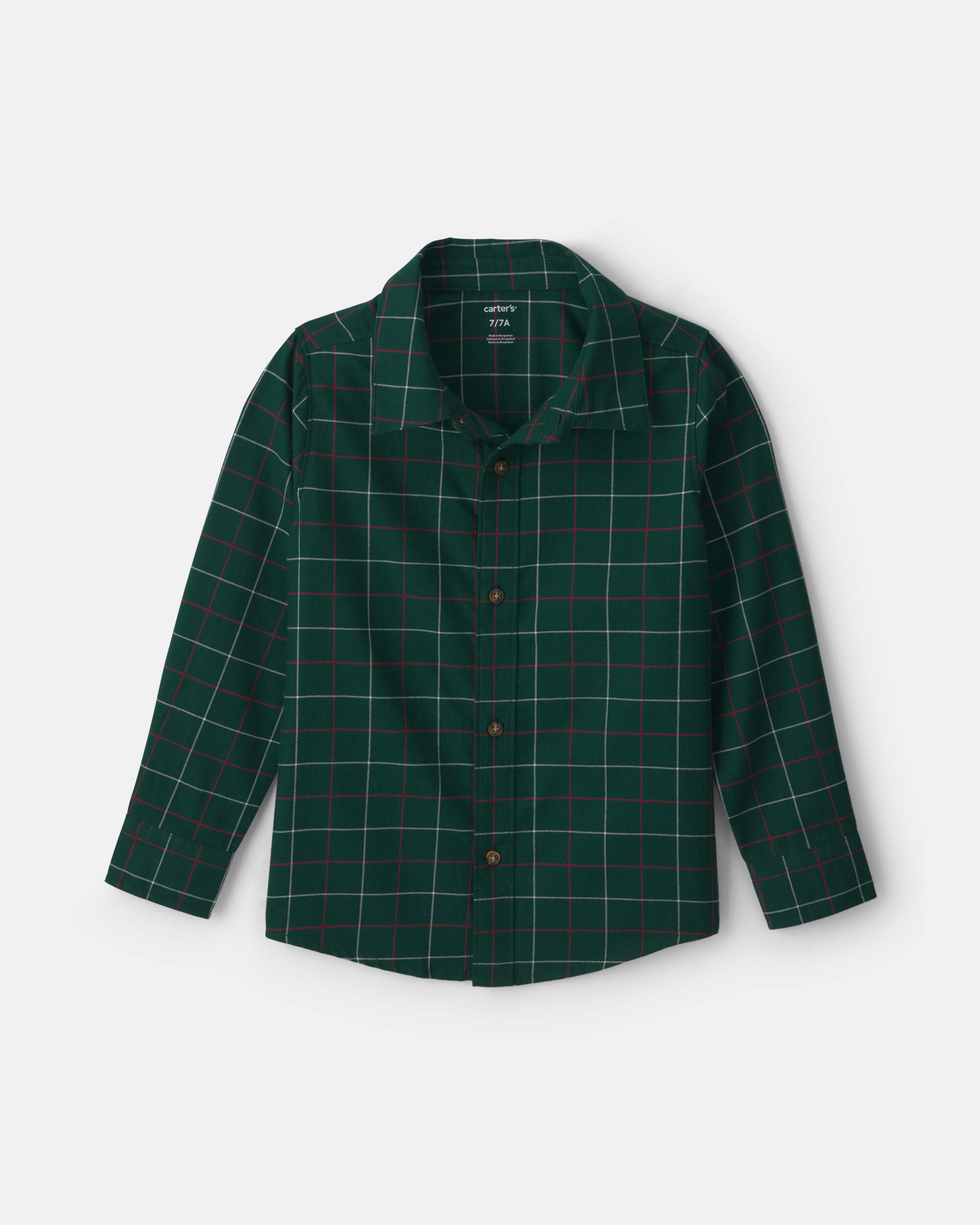 Boys Plaid Long-Sleeve Button-Down Shirt - Green