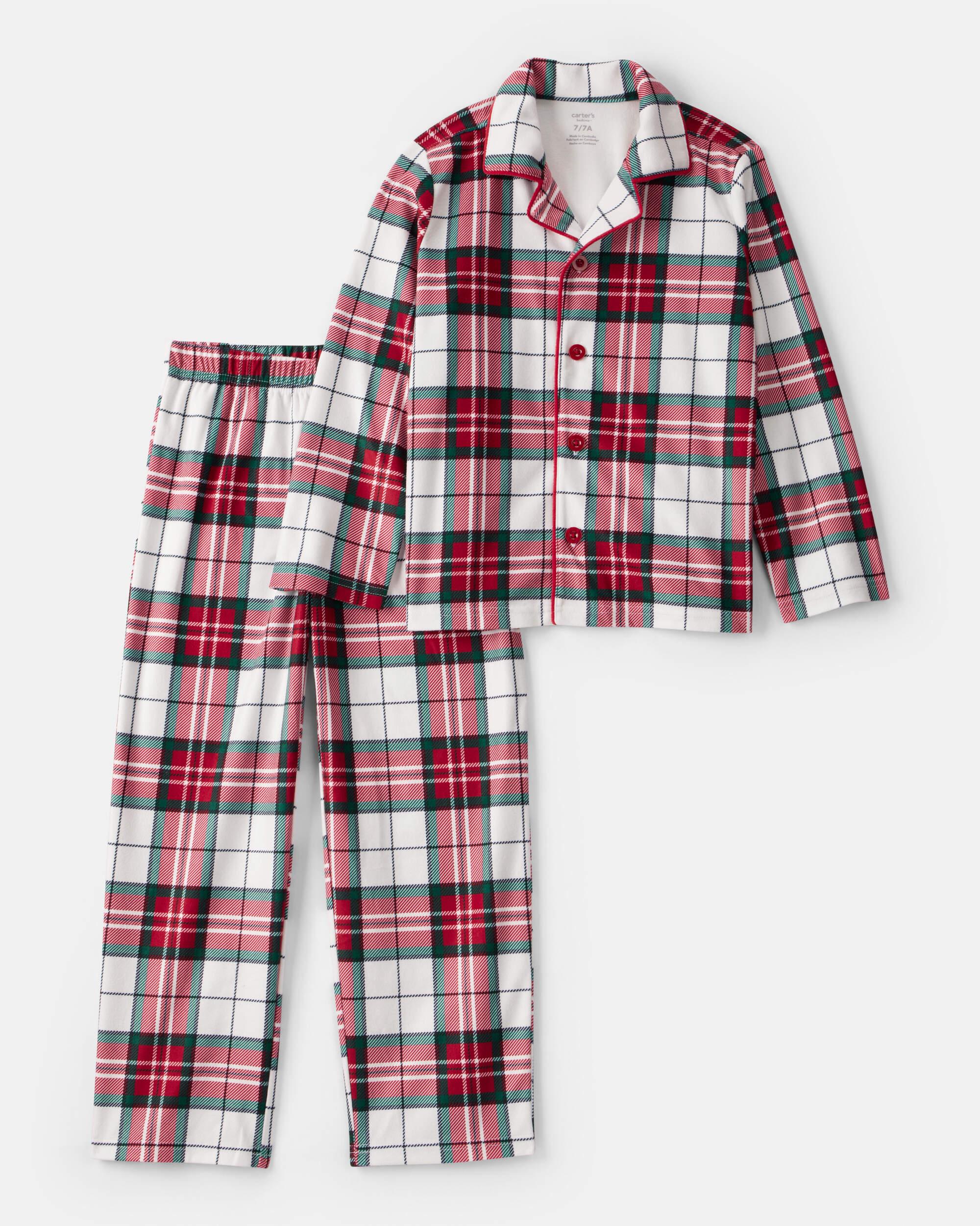 Kid Flannel Plaid Print Long-Sleeve Loose Fit 2-Piece Pajamas - Red/Green