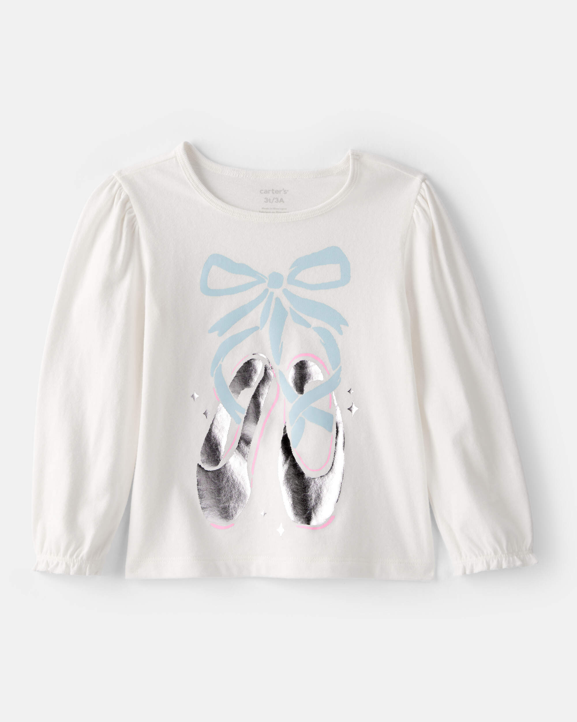 Toddler Girl Metallic Ballet Shoe Long-Sleeve Graphic Tee - White