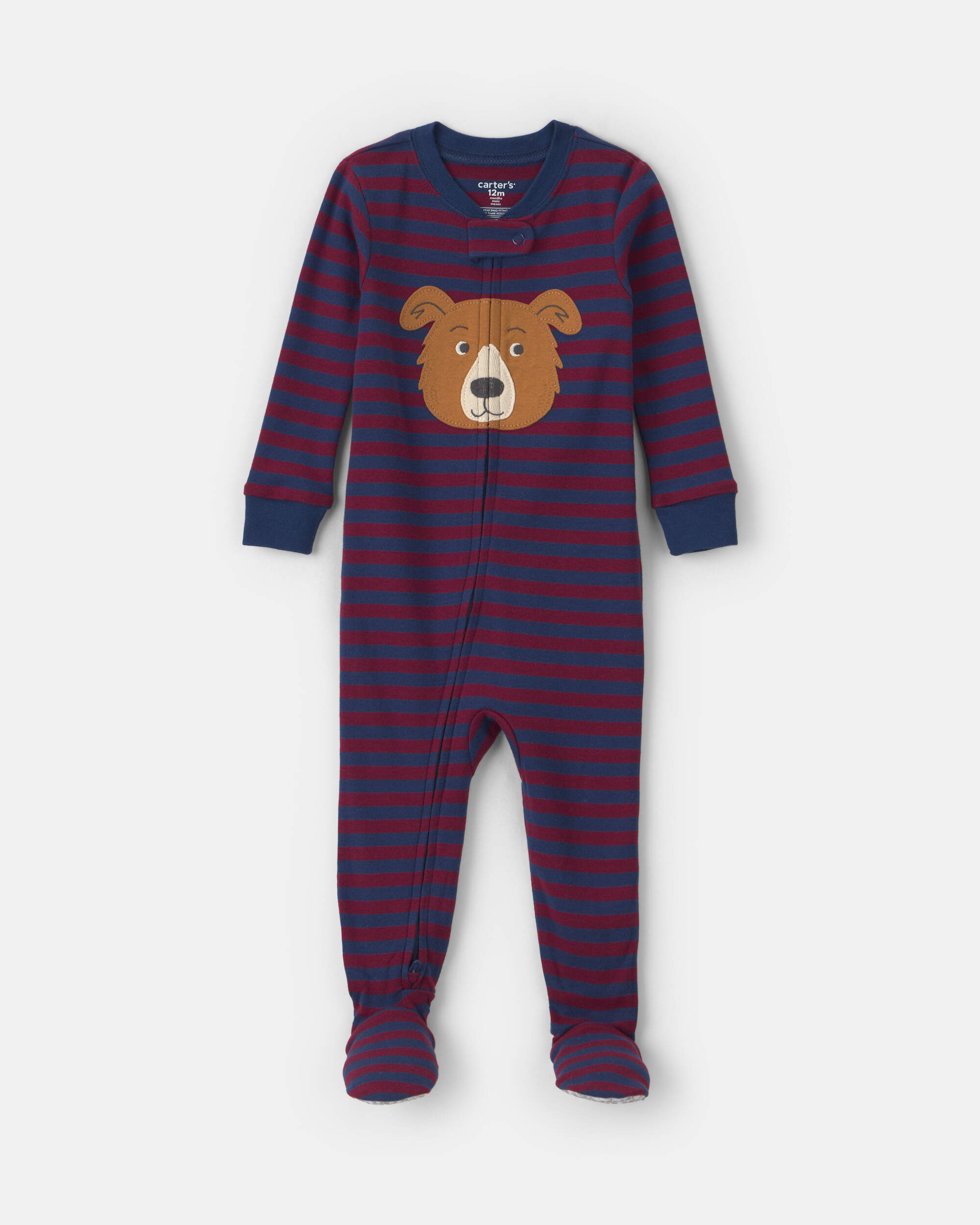 Baby Boy 1-Piece Dog Striped 2-Way Zip 100% Cotton Snug Fit Footed Pyjama - Burgundy/Blue