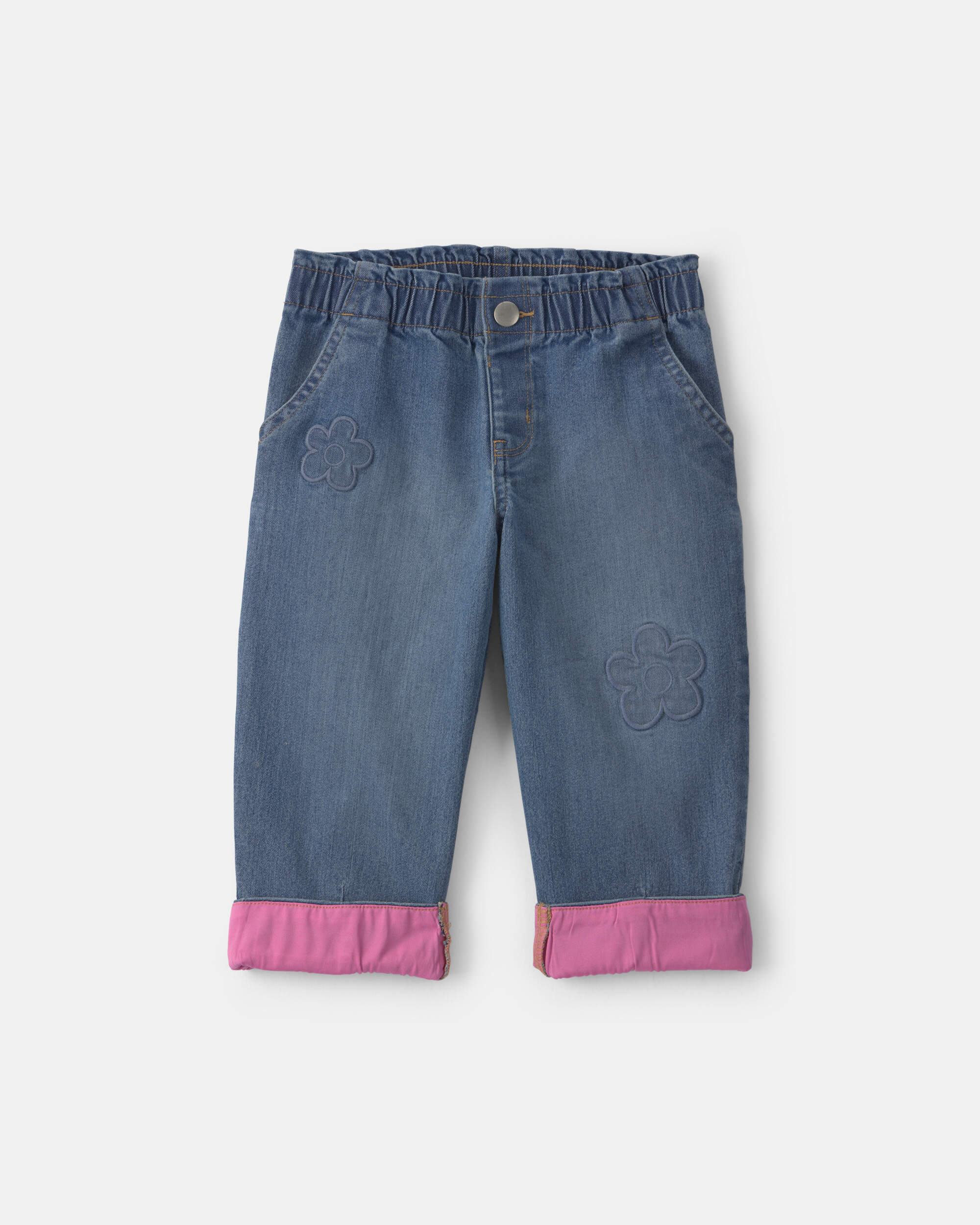 Toddler Girl Acid-Wash Denim Baggy Cuffed Flower Jeans - Blue/Pink