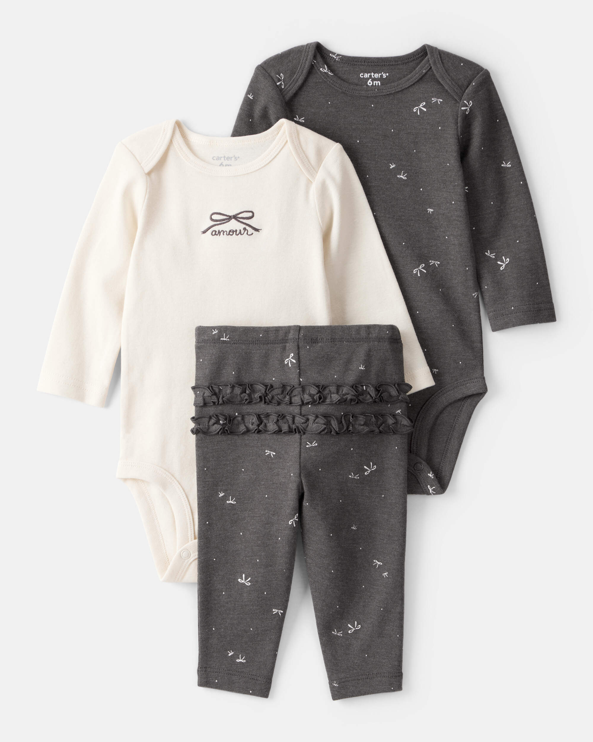 Baby Girl Bow Print Bodysuit & Pant Set - Grey