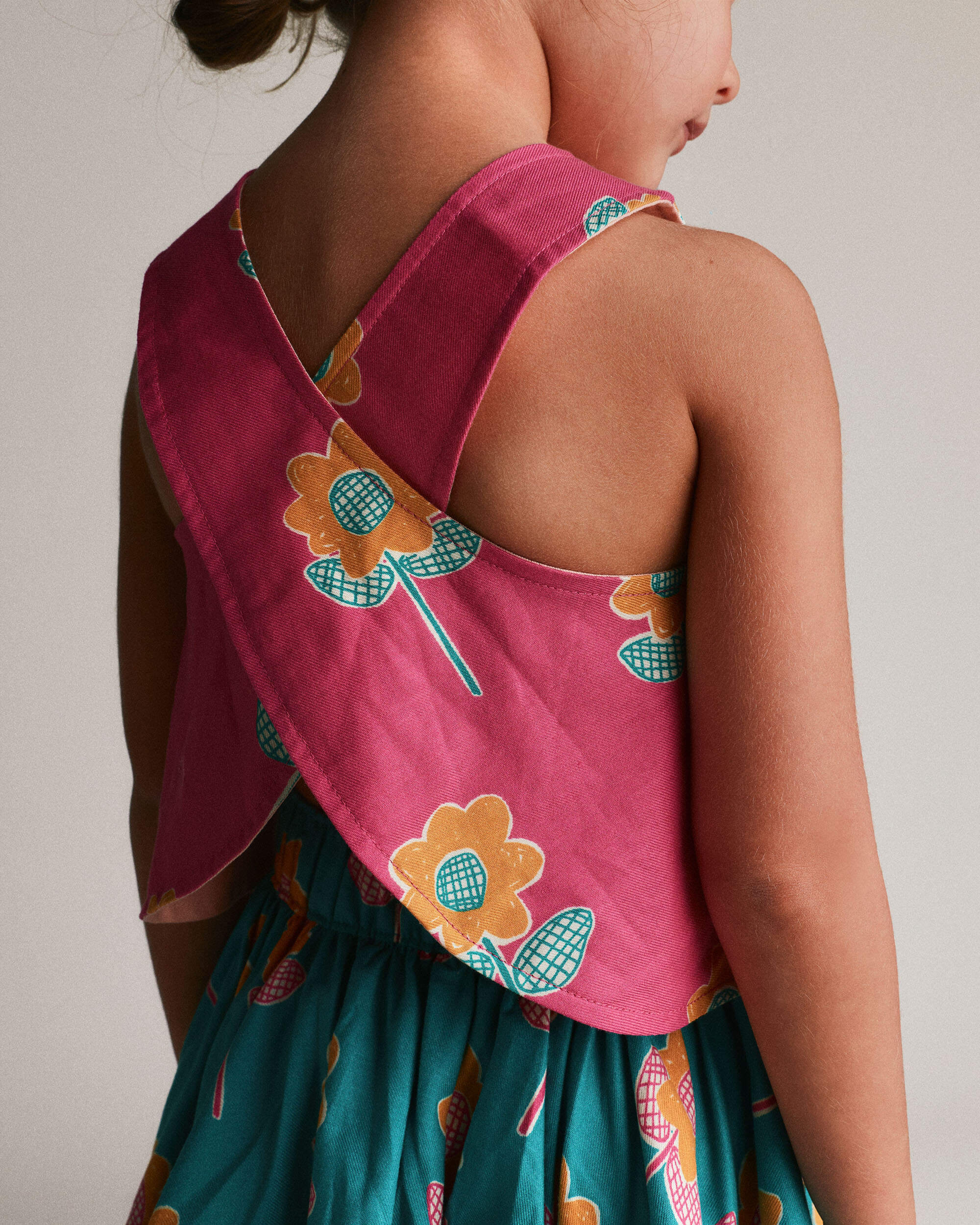 Toddler Girl Reversible Cross-Back Top Floral Print - Hot Pink