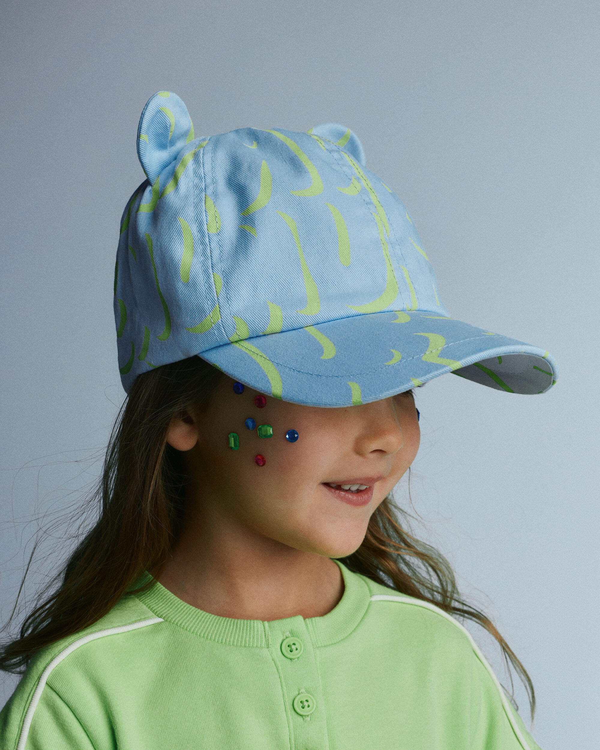 Toddler Girl Baseball Hat with Ears Abstract Print - Blue