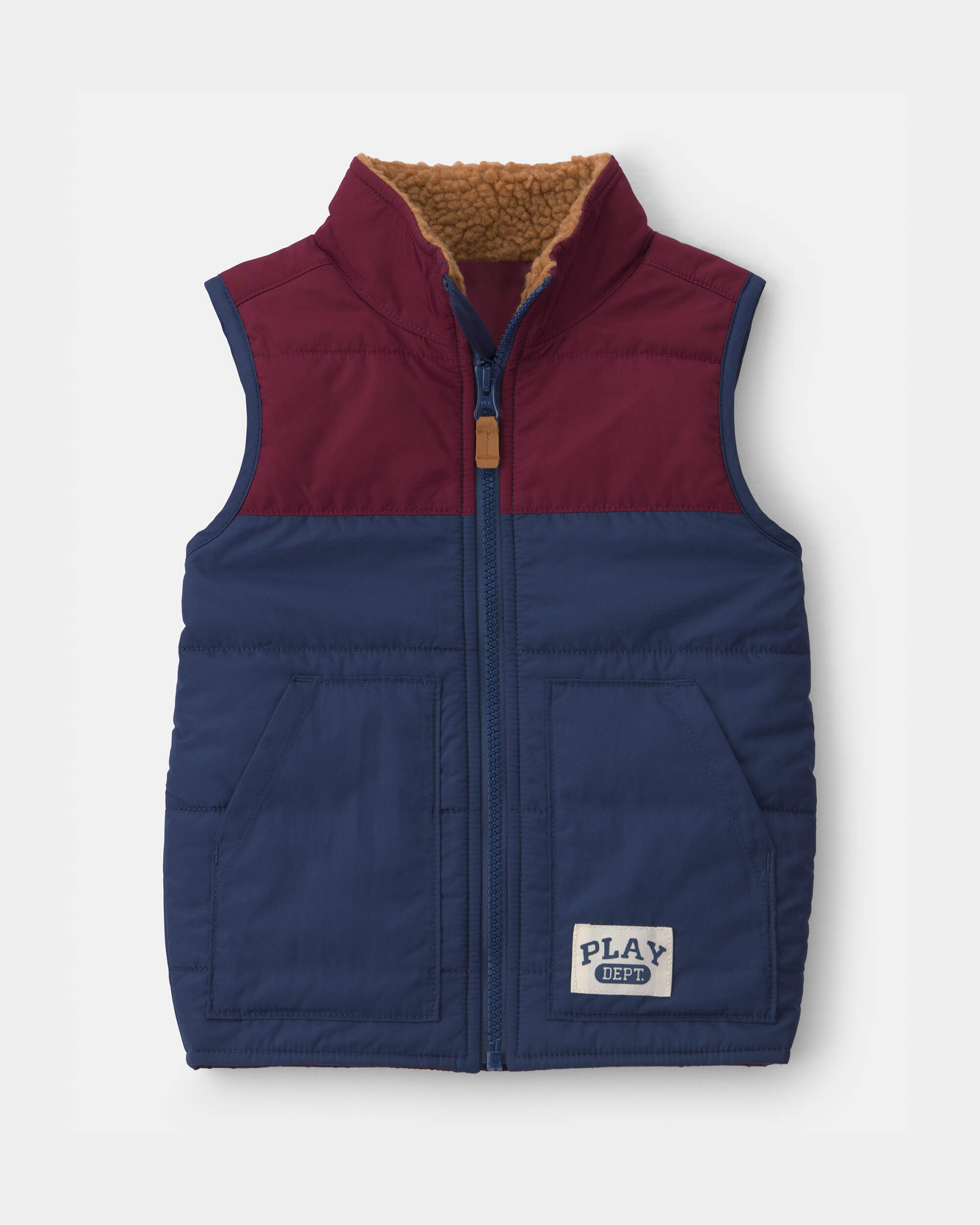 Toddler Boy Color Block Teddy Fleece Vest - Navy Blue/Burgundy