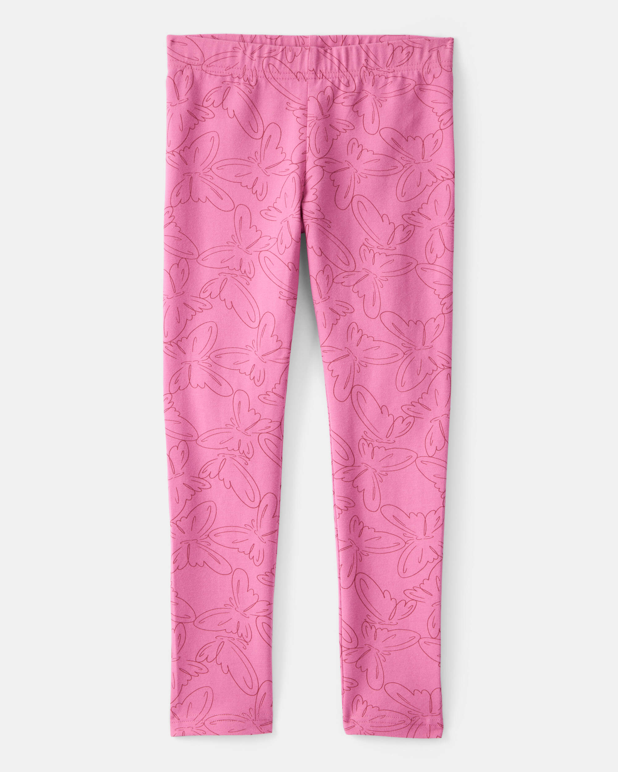 Girls Butterfly Print Cotton Pull-On Stretch Leggings - Pink