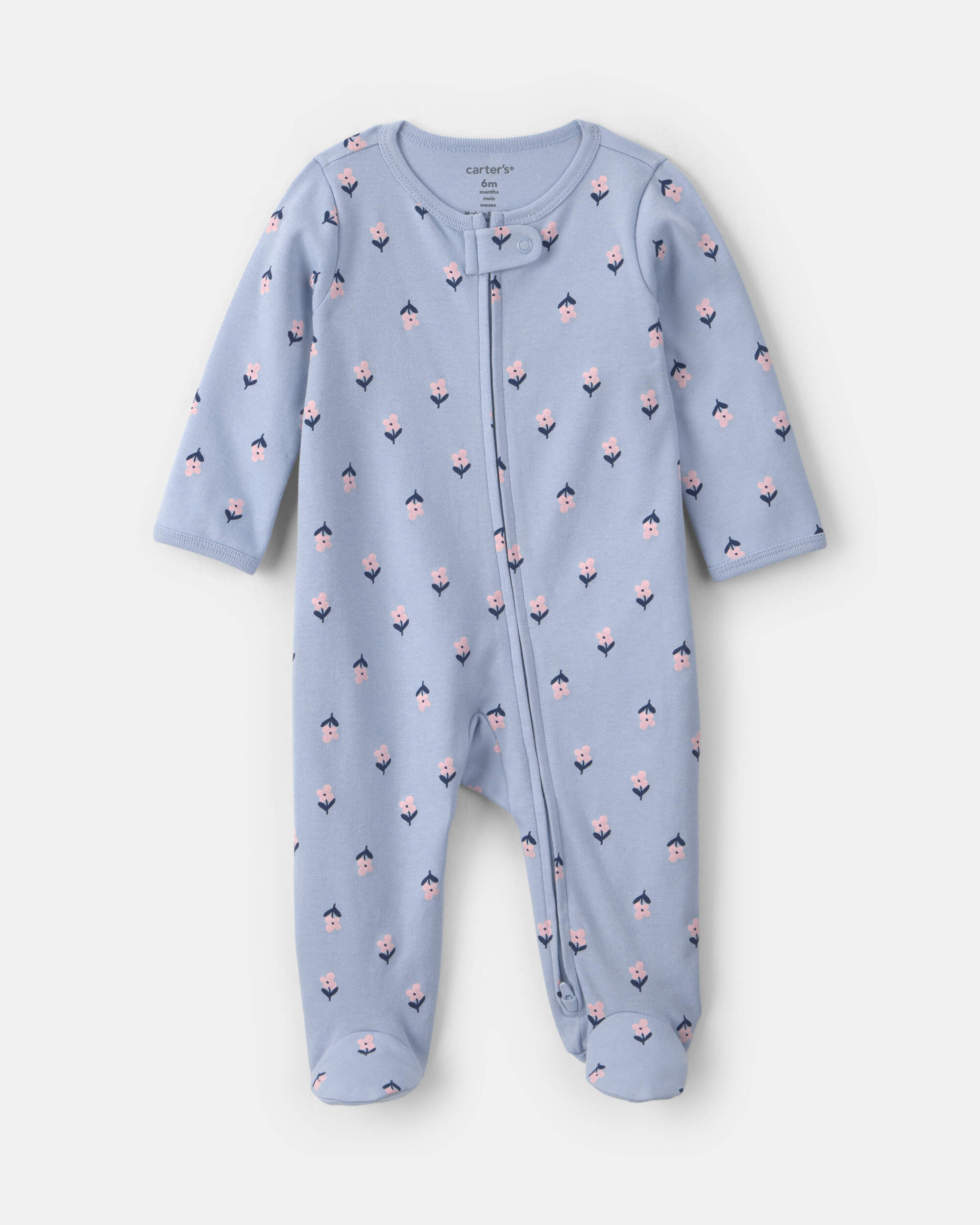 Baby Girl 2-Way Zip Flower & Butterfly Cotton Sleepers - Blue