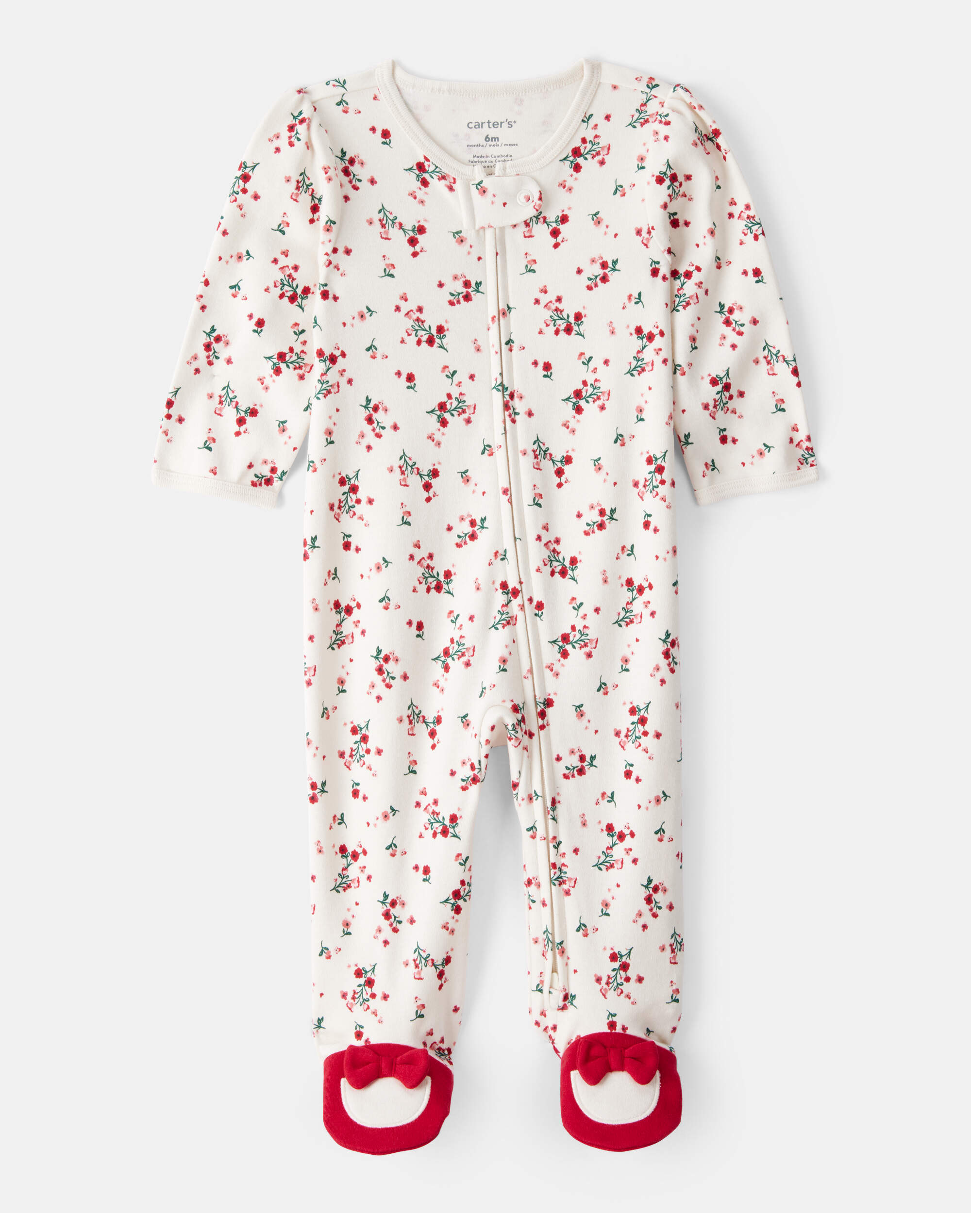 Baby Girl Bow Floral Print 100% Cotton Sleeper - White/Red