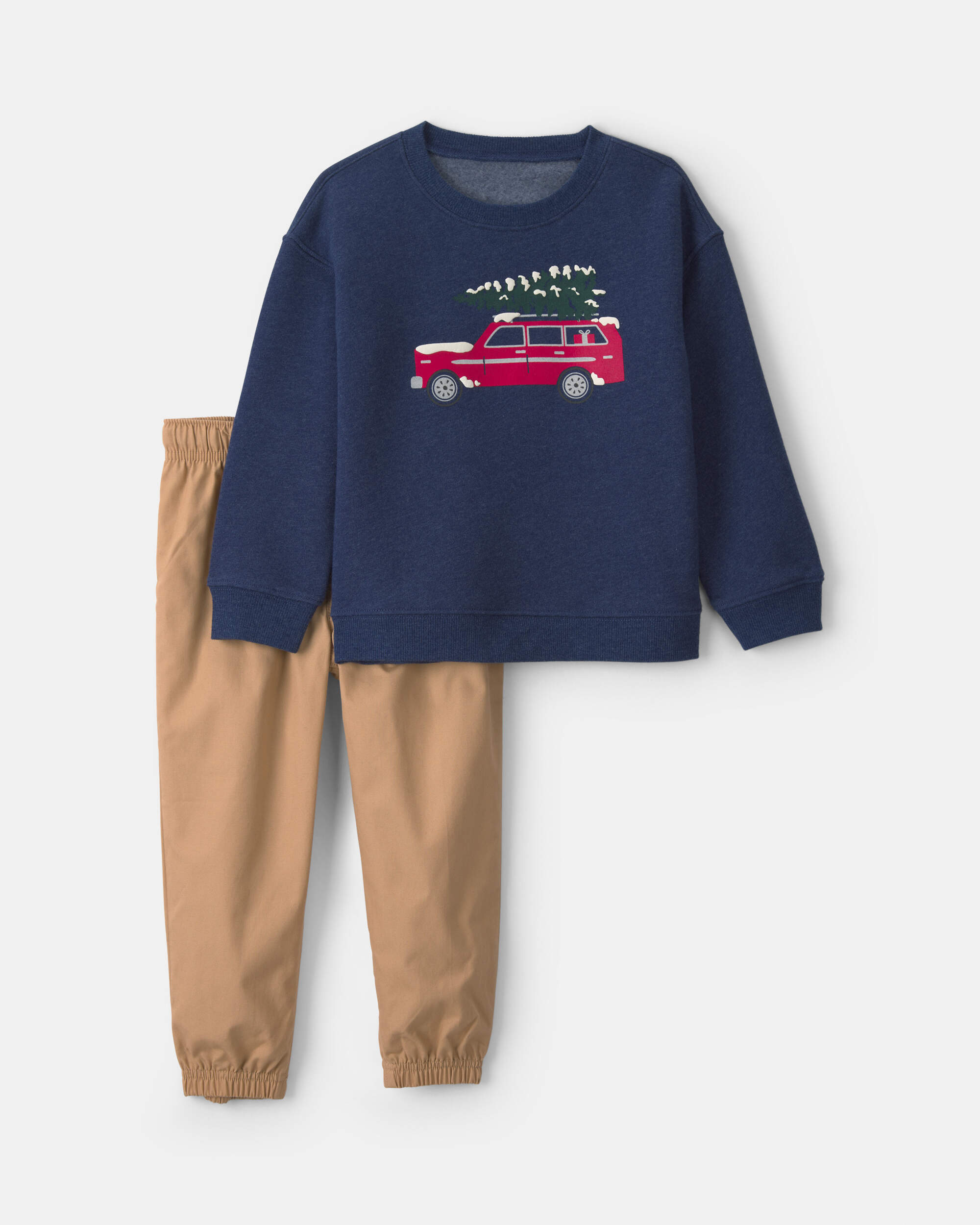 Baby Boy 2-Piece Christmas Car Fleece Pullover & Pant Set - Navy Blue/Khaki