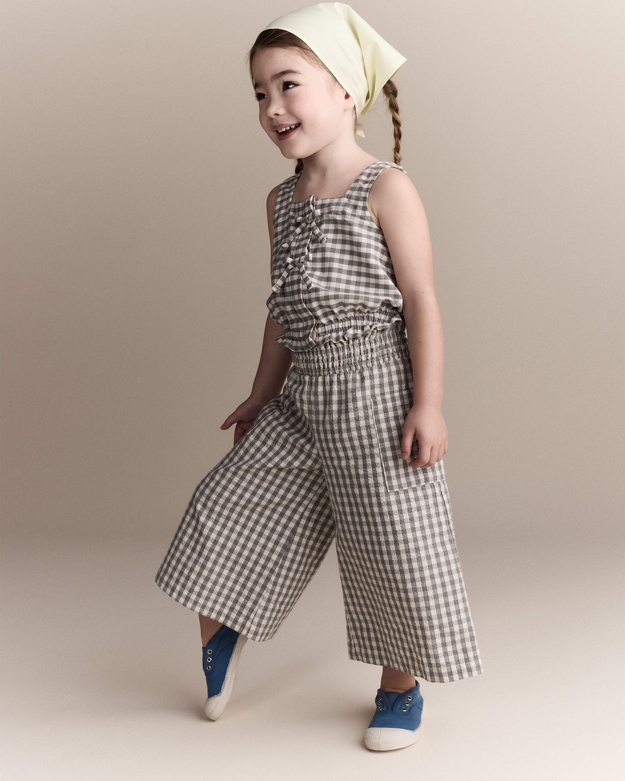 Toddler Girl Gingham Smocked Wide Leg Pant - Cream/Grey