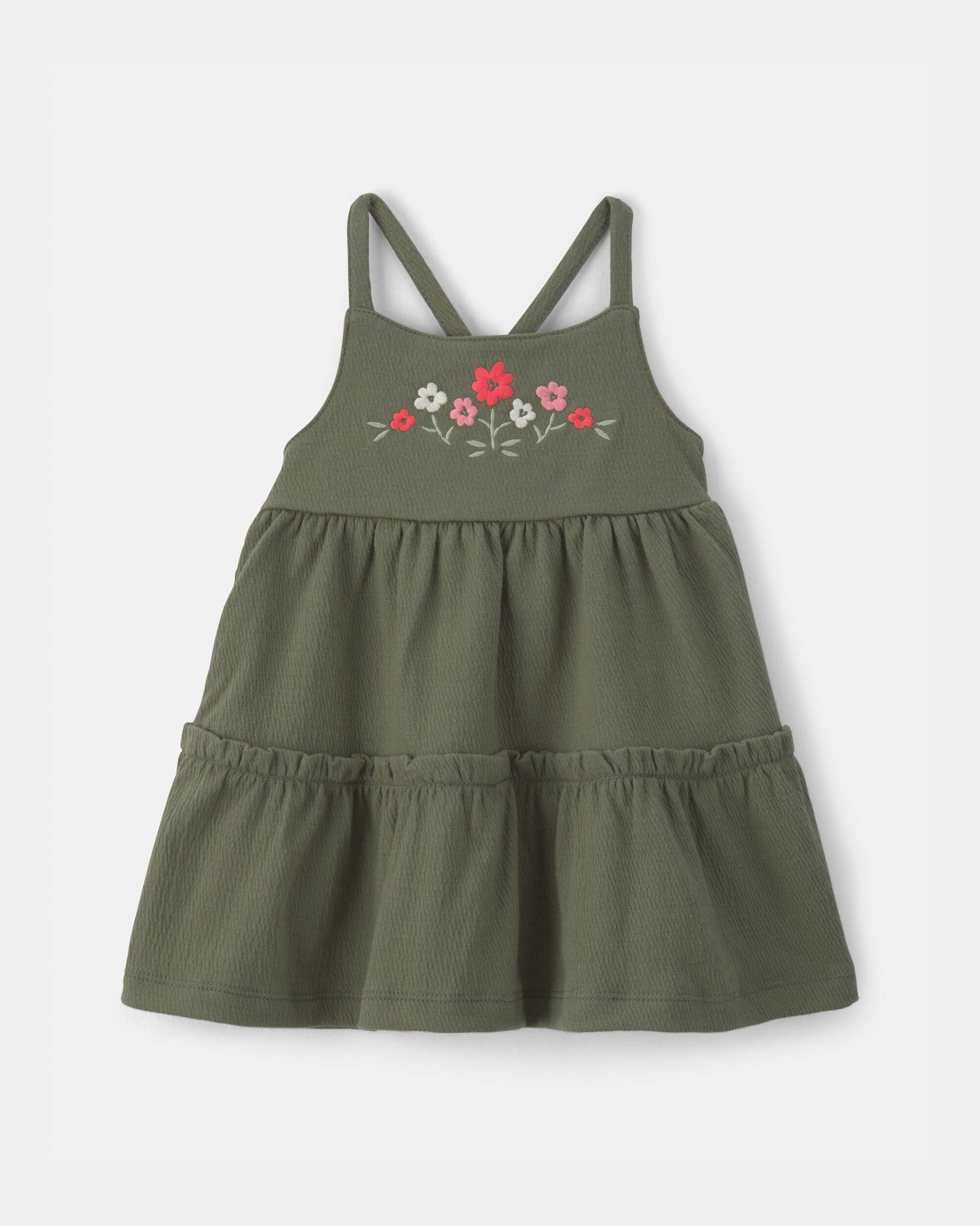 Baby Girl Flower Embroidered Sleeveless Dress - Green