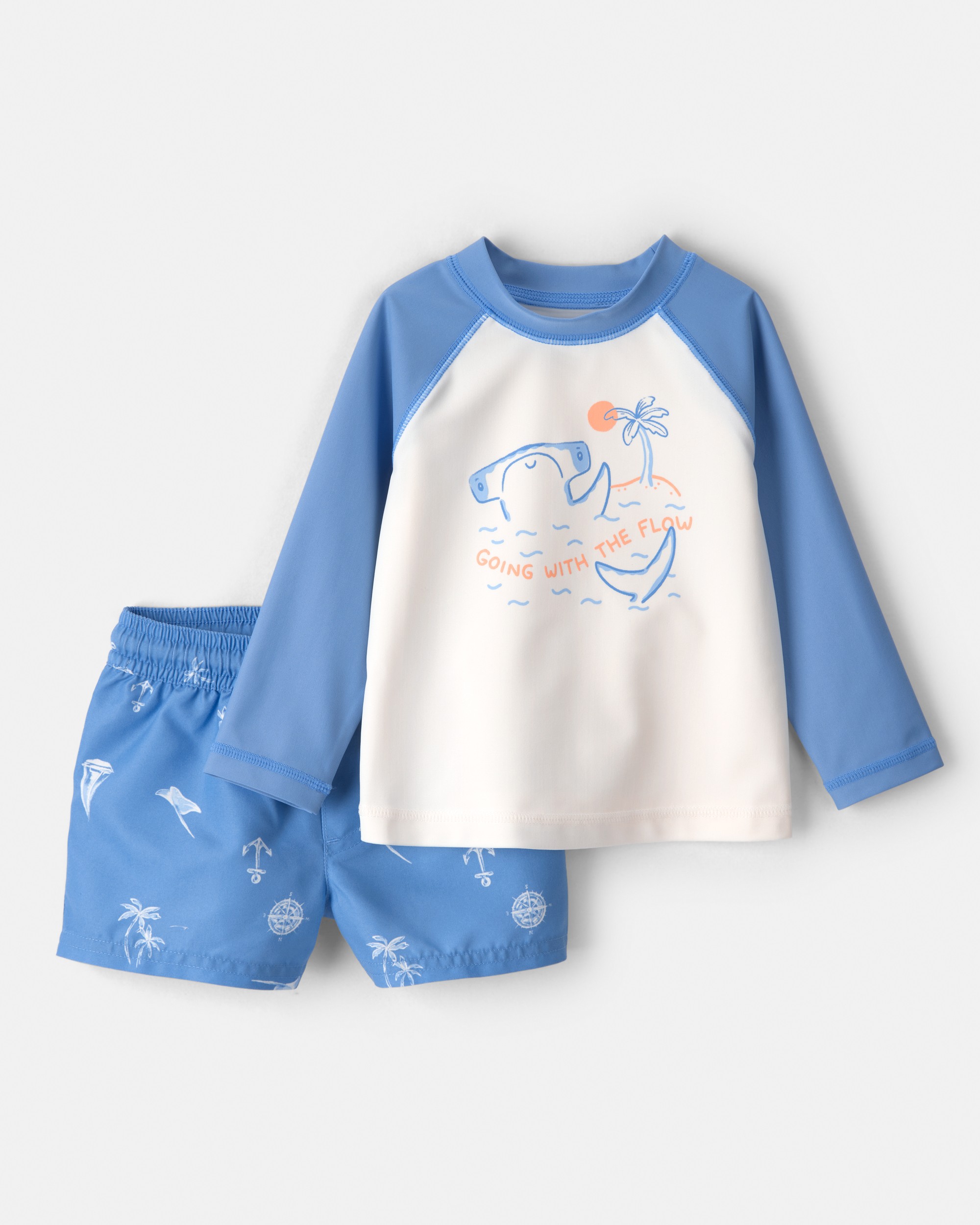 Baby Boy 2-Piece Shark Long-Sleeve Rashguard Swimsuit Set - Blue/White