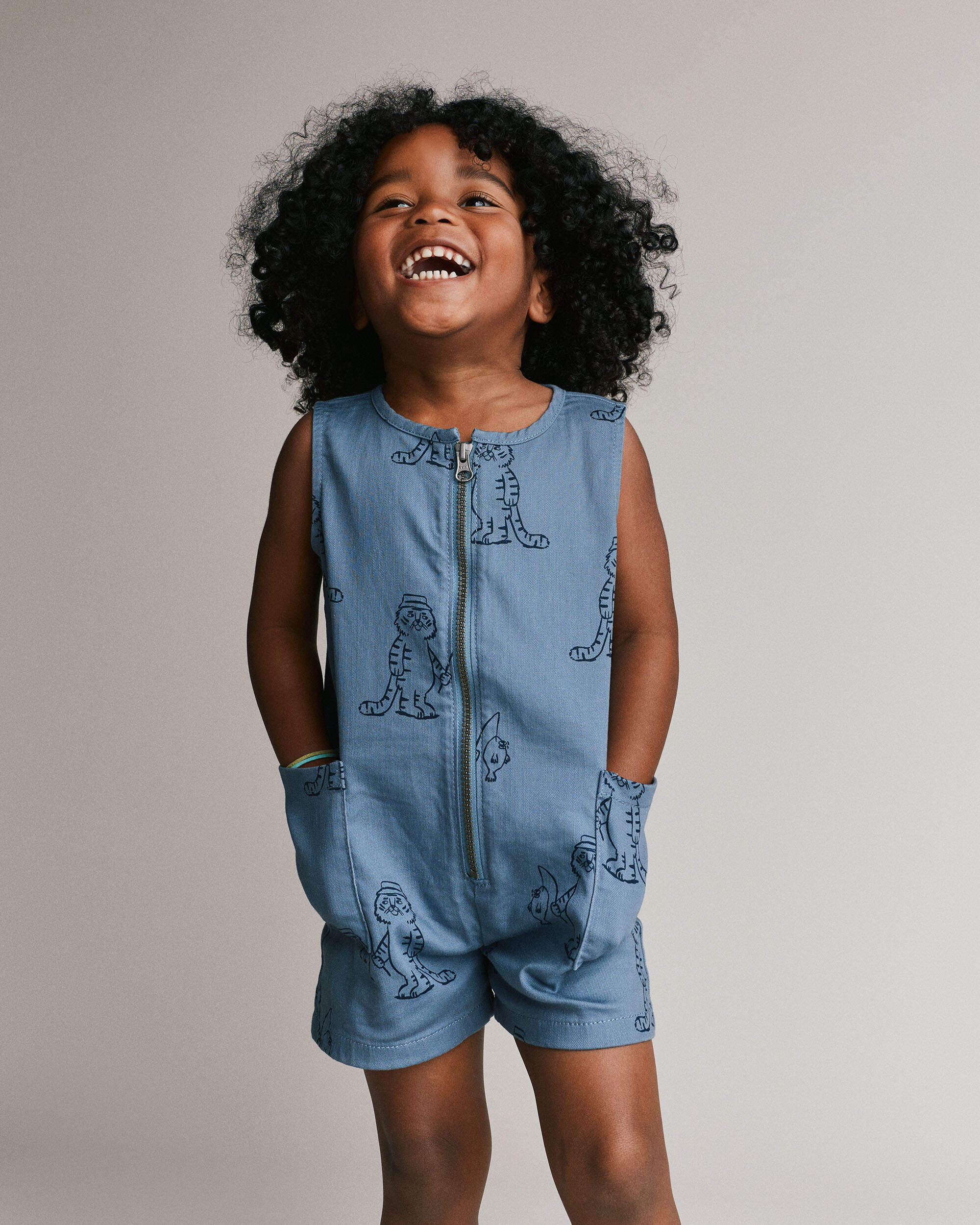Toddler Romper with Otter Pockets Fishing Tiger Print - Slate