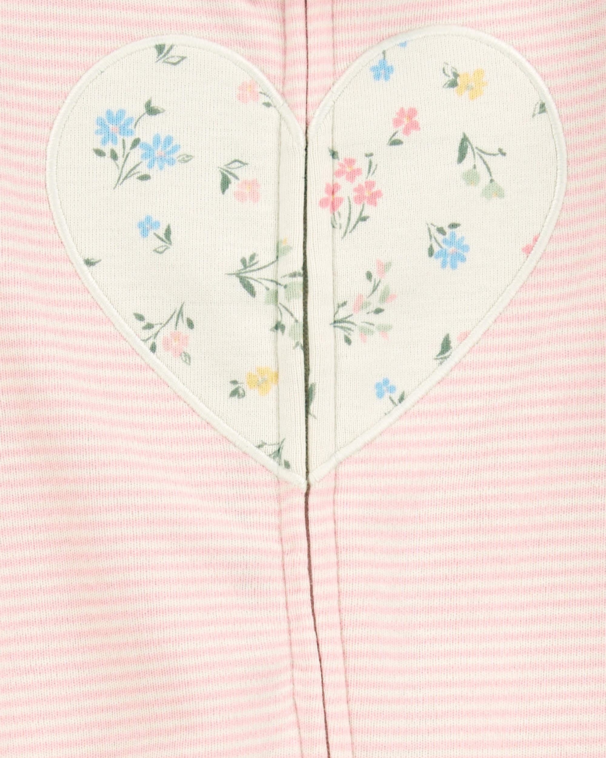 Baby Girl Heart Striped 2-Way Zip Cotton Sleeper Pyjamas - Pink