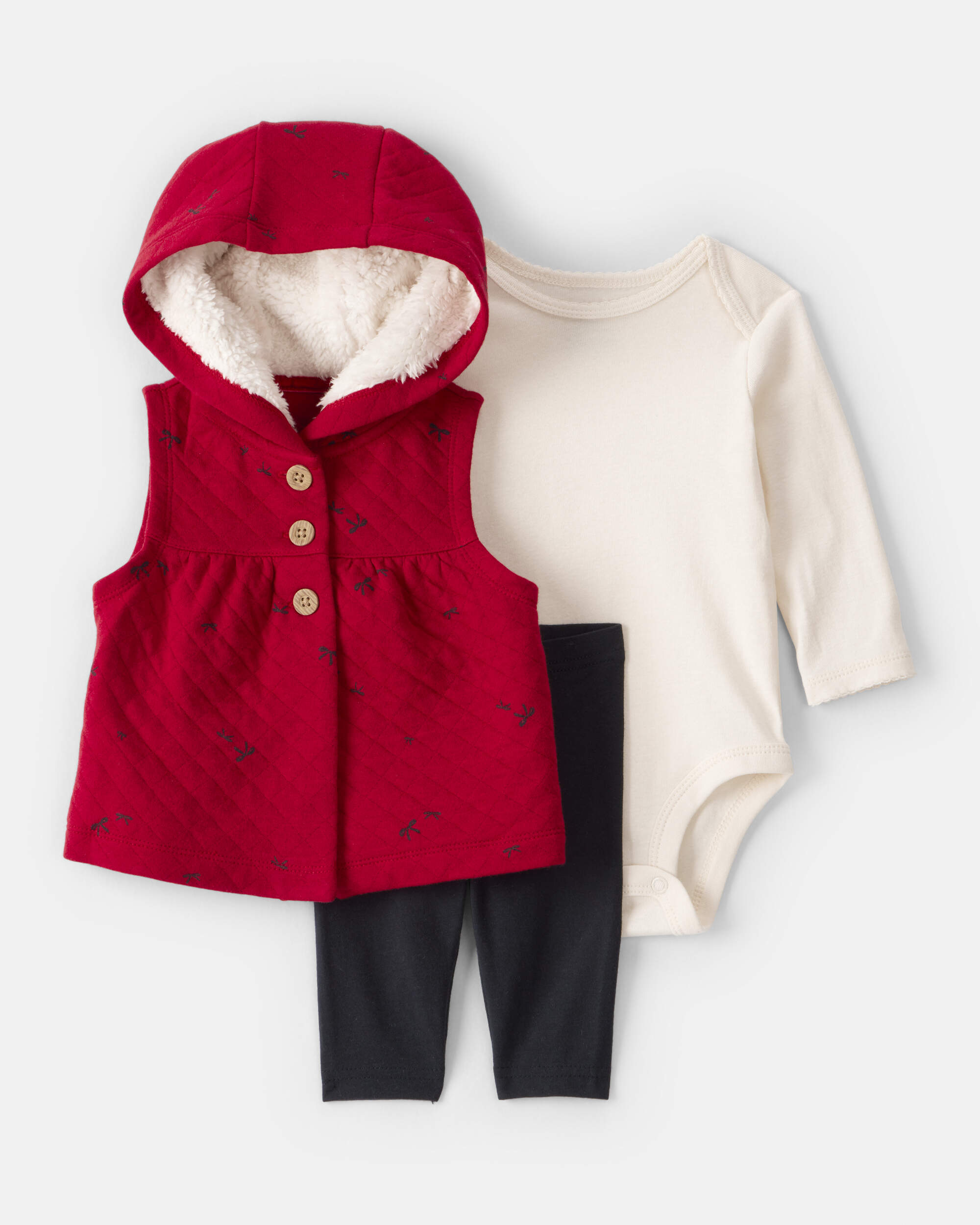 Baby Girl 3-Piece Bow Print Sleeveless Jacket, Bodysuit & Pant Set - Black/White/Red