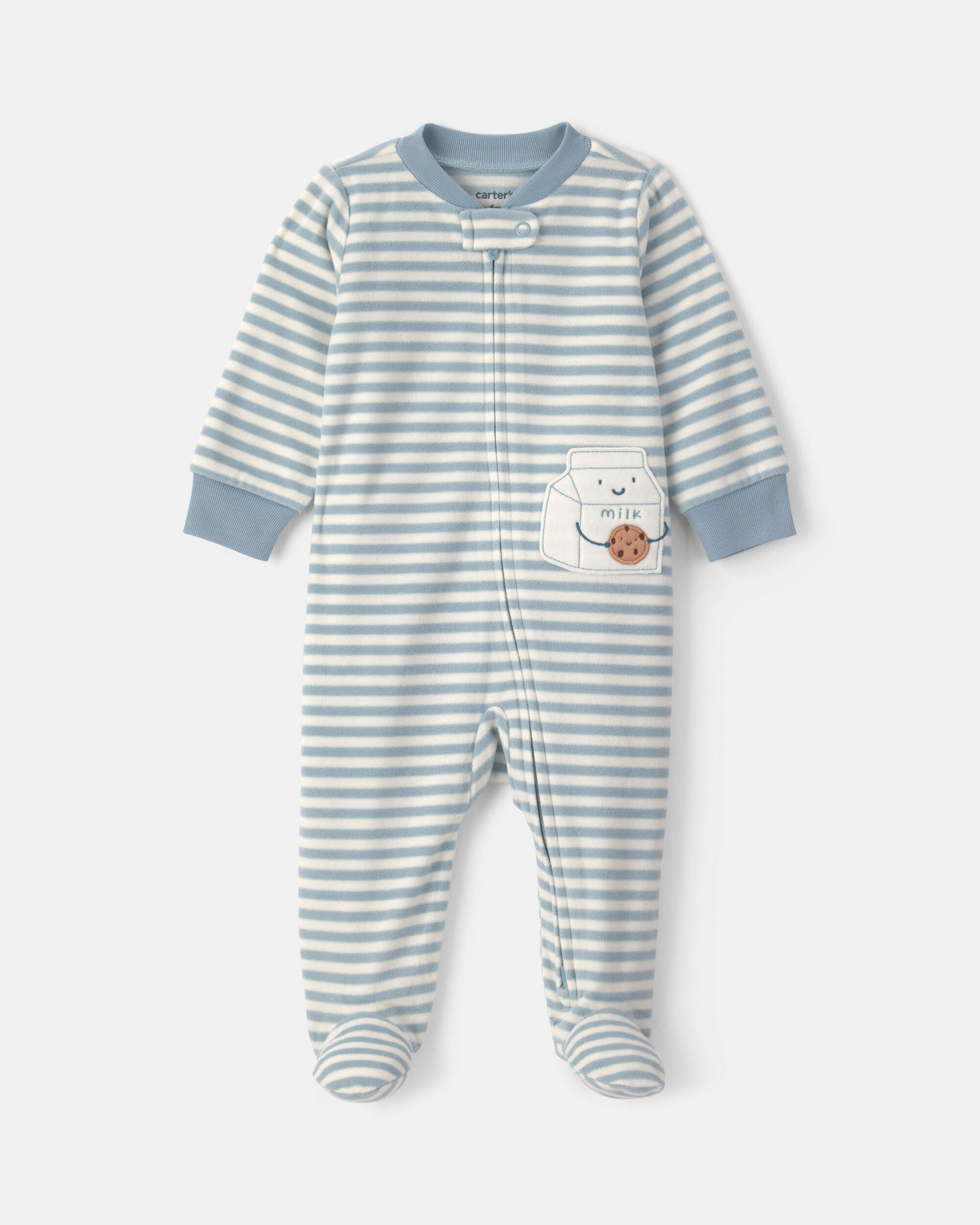 Baby Milk & Cookies Striped Fleece 2-Way Zip Sleepers - Blue