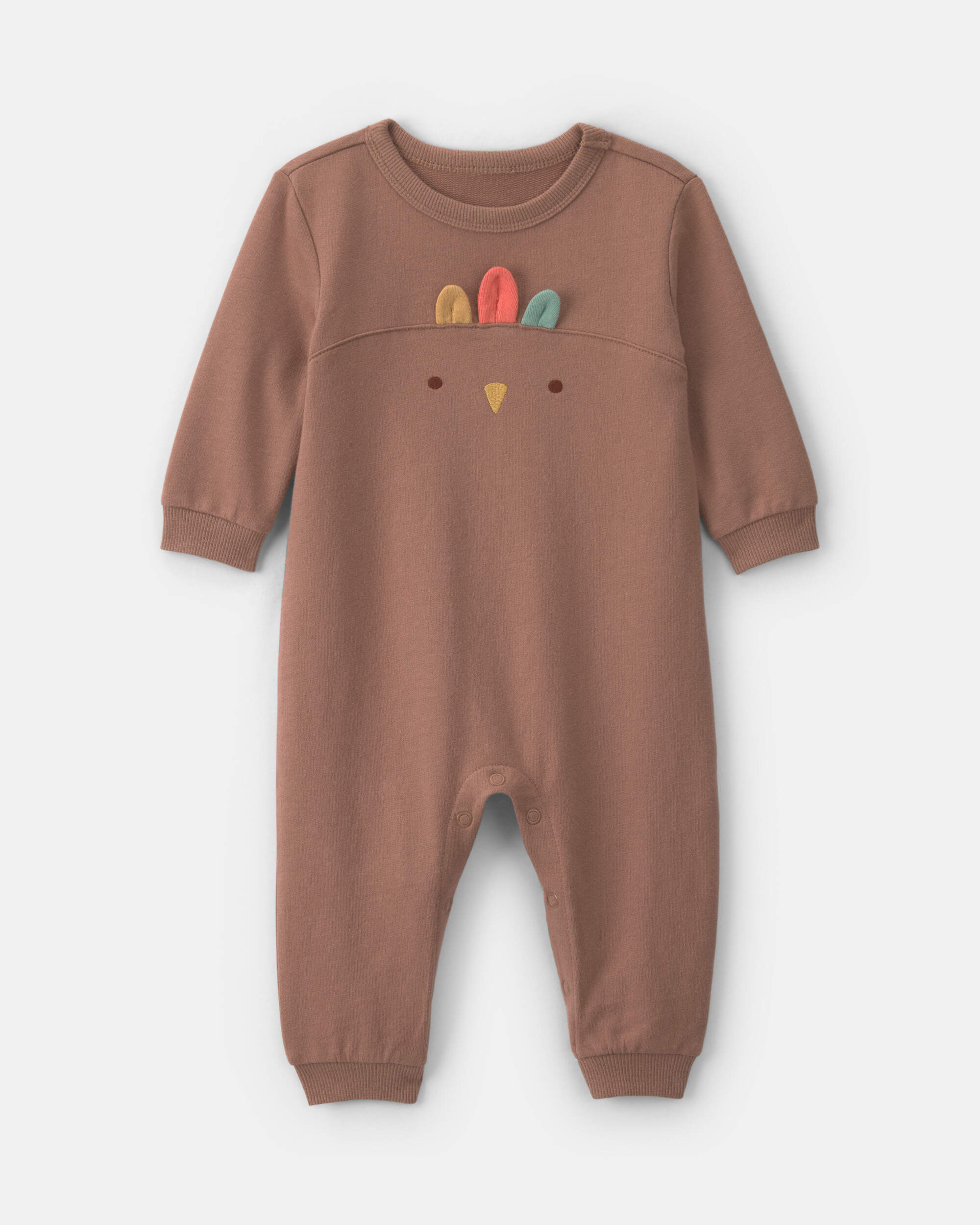 Baby Turkey Thanksgiving French Terry Long-Sleeve Jumpsuit - Brown