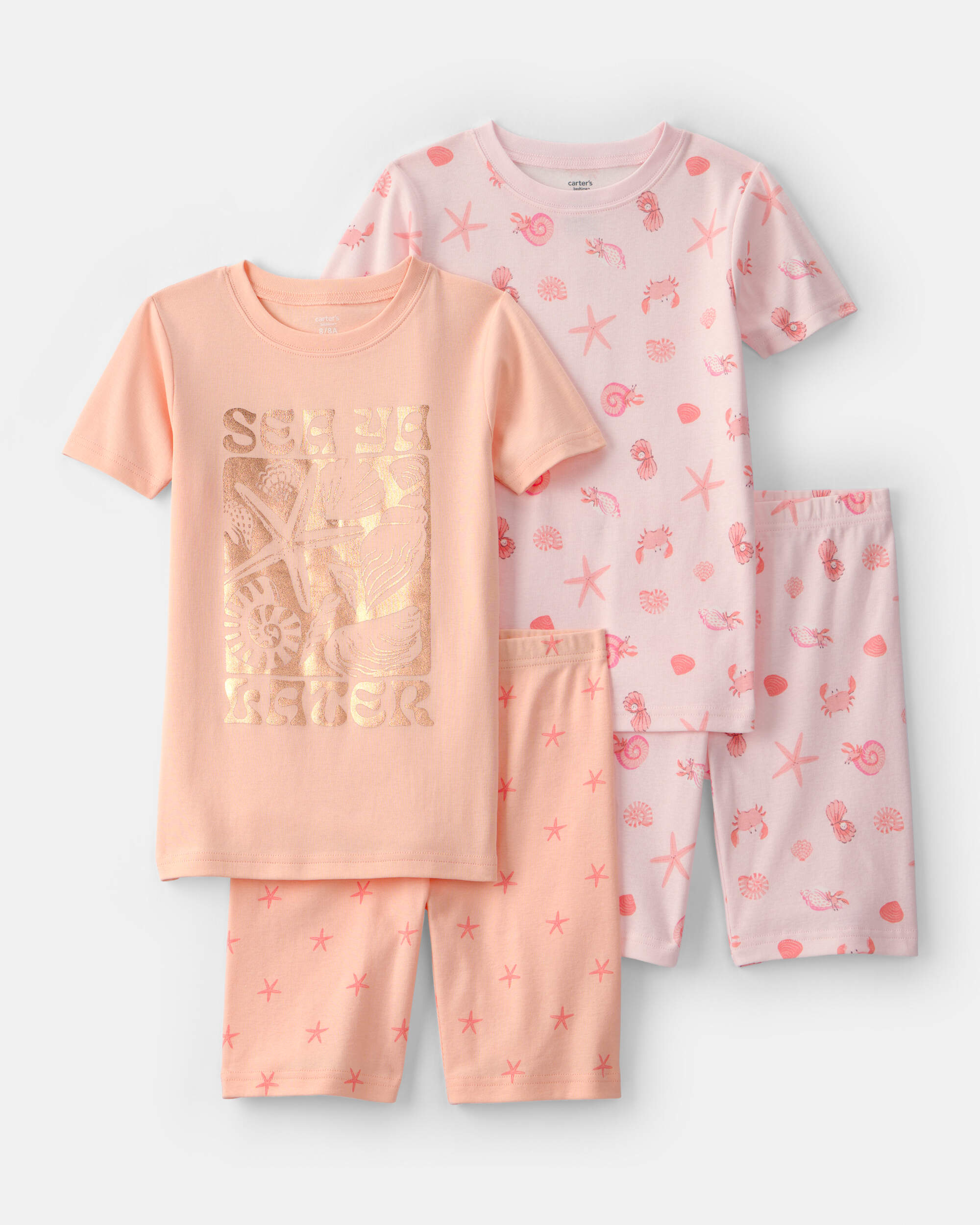 Girls Seashells 100% Cotton Short-Sleeve Snug Fit 4-Piece pyjama Set - Pink/Orange