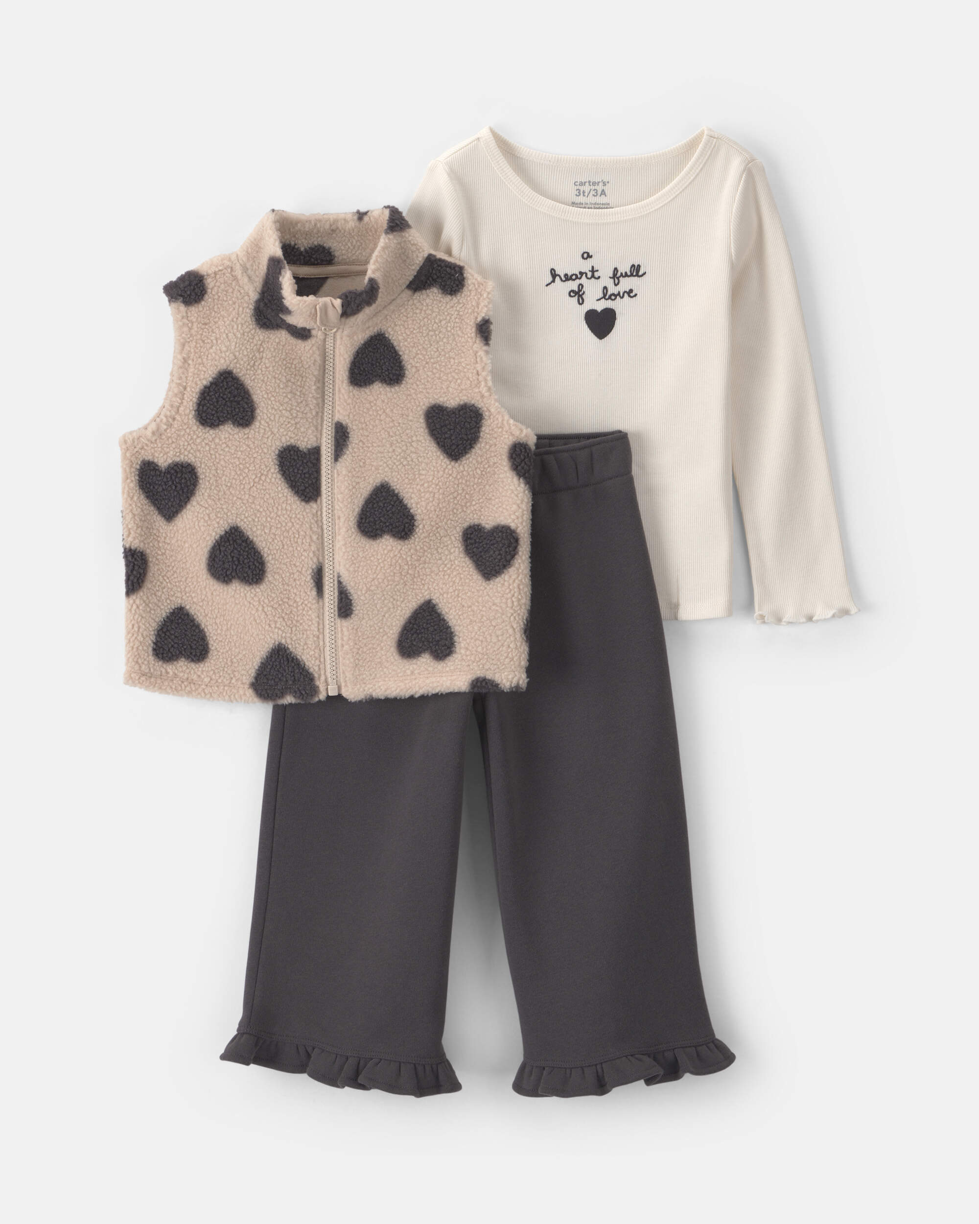 Toddler Girl 3-Piece 'A Heart Full of Love' Fleece Long-Sleeve Layering Set