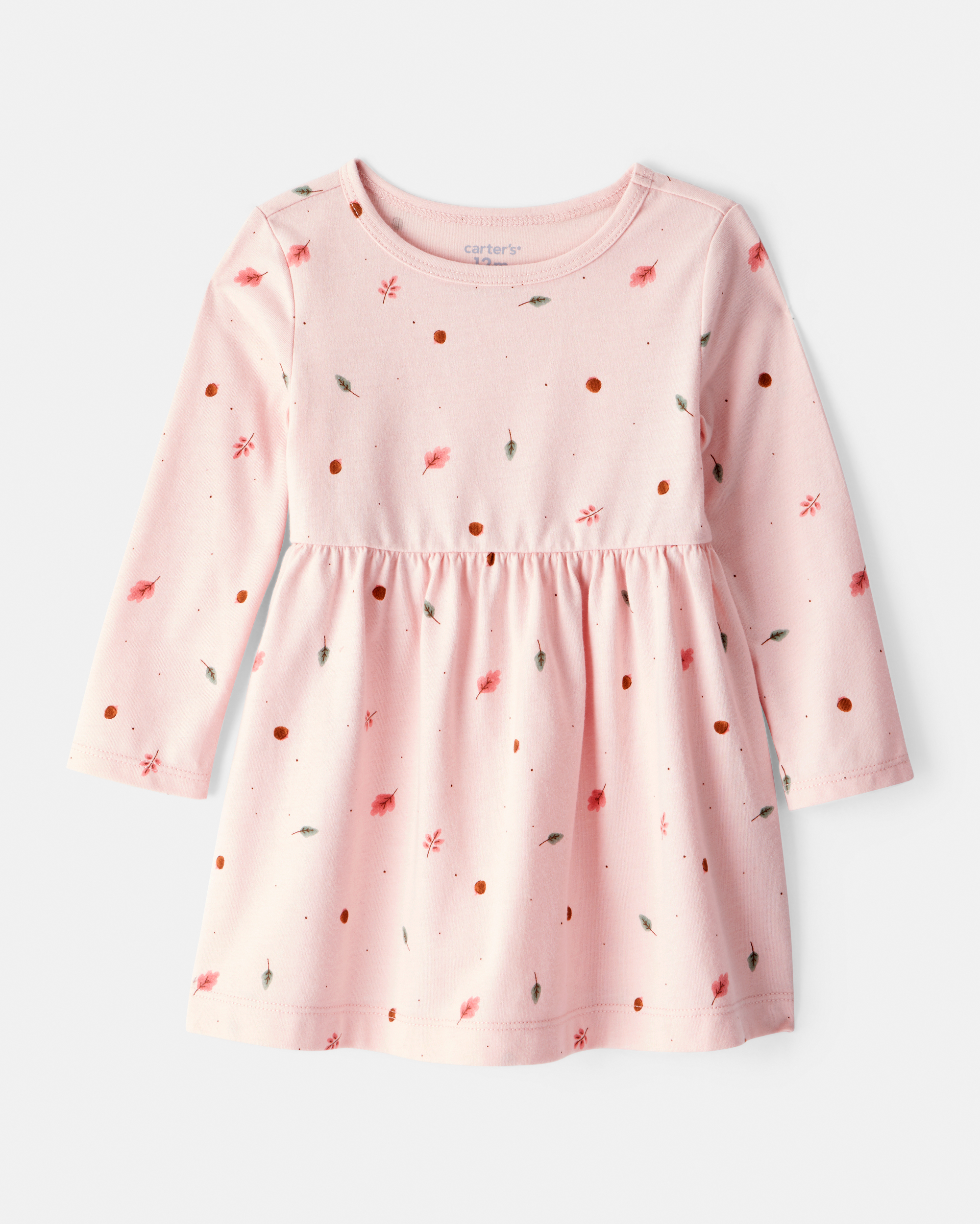 Baby Girl Leaf Print Long Sleeve Dress - Pink