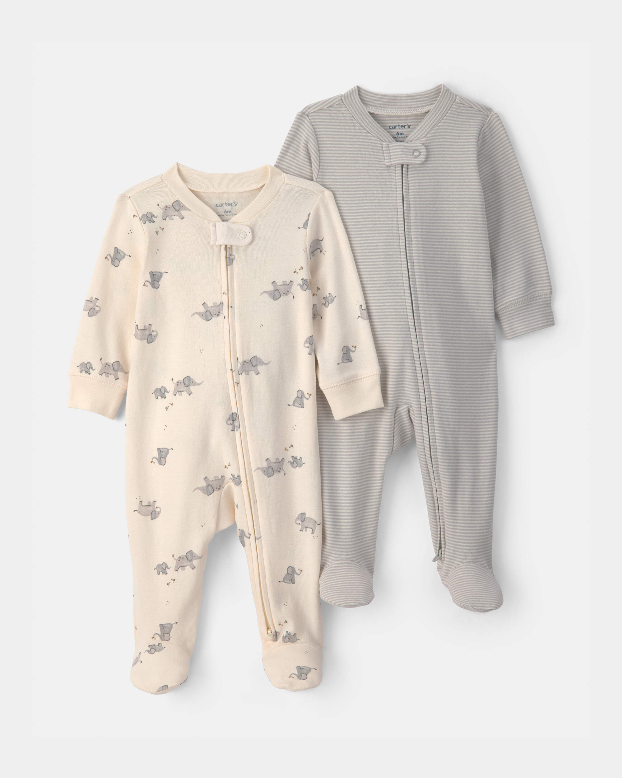 Baby 2-Pack Elephant Striped 100% Cotton 2-Way Zip Sleepers - Grey/Cream