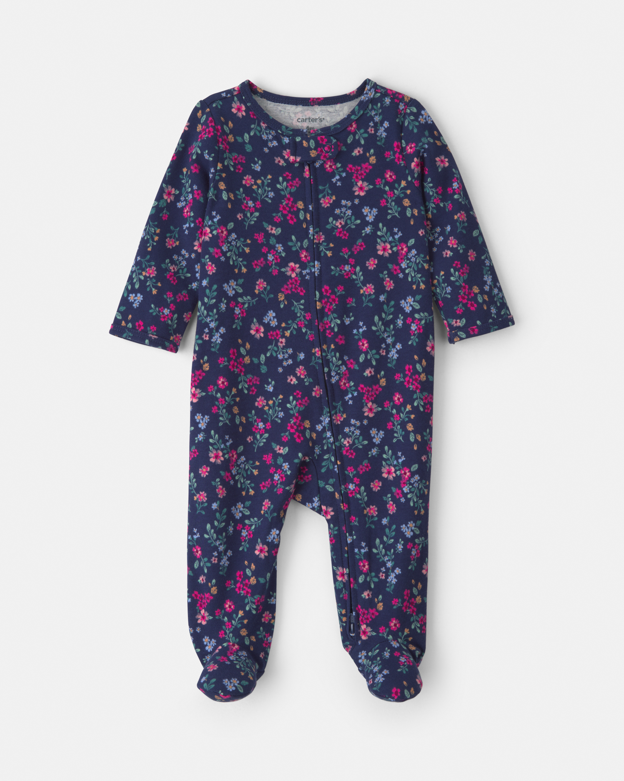 Baby Girl Floral 100% 2-Way Zip Cotton Sleeper - Navy