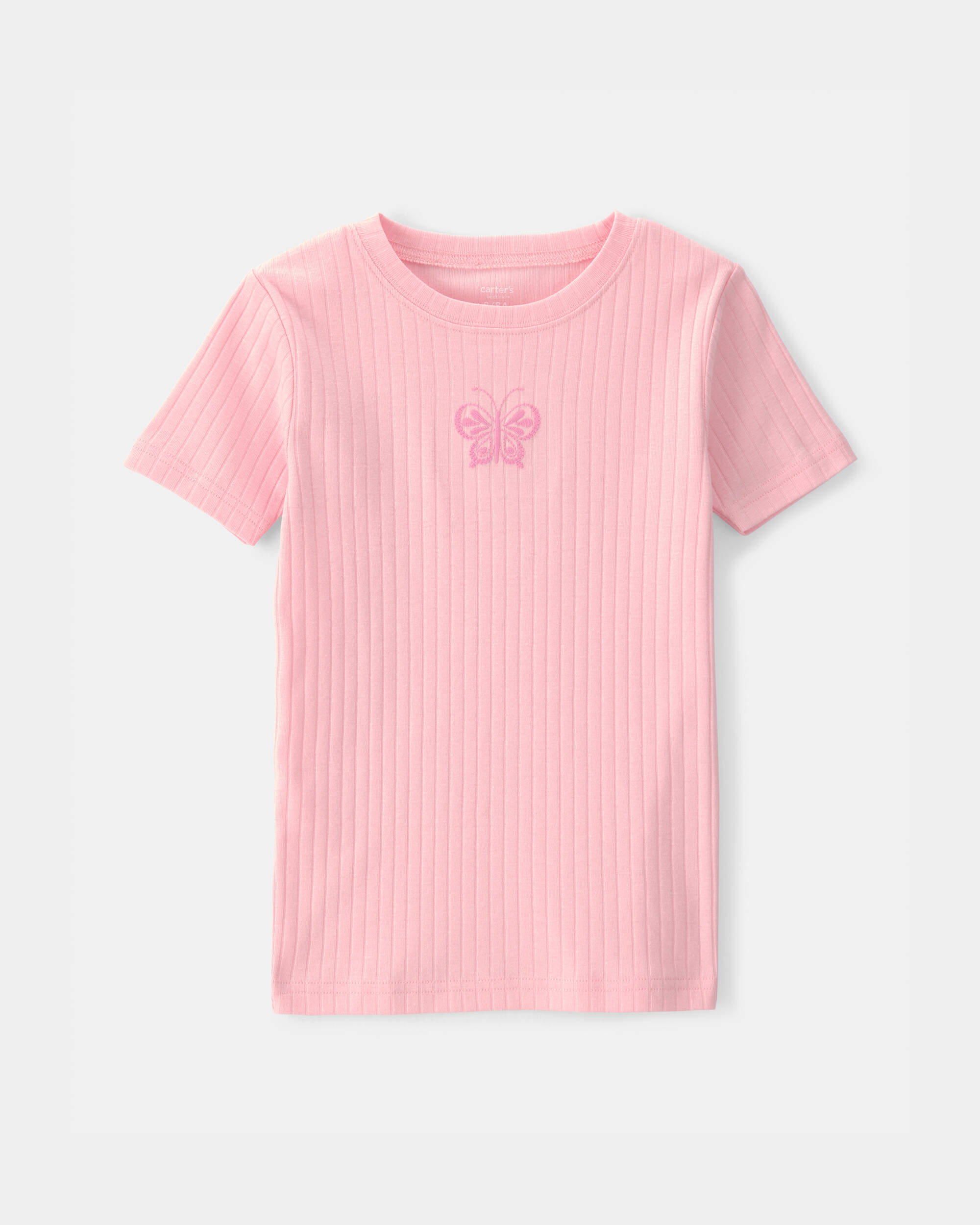 Girls Butterfly Rib Snug Fit 2-Piece Pyjama Set - Pink