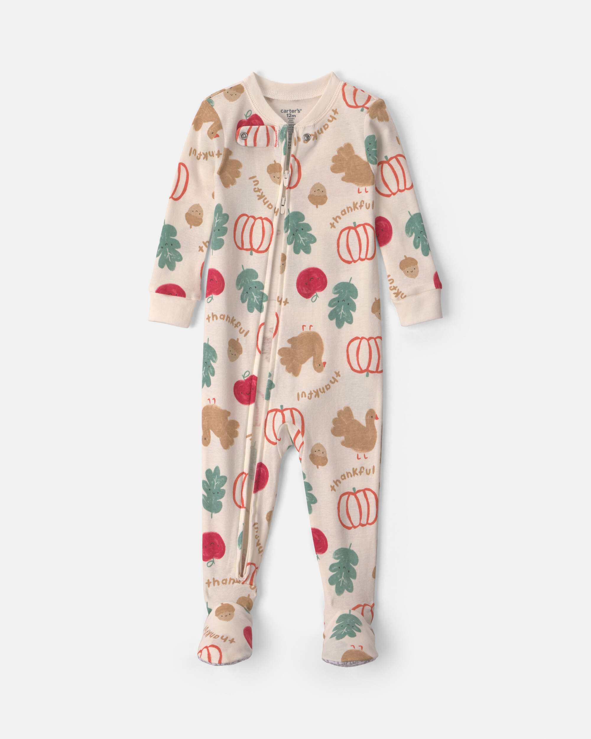Baby 1-Piece Thanksgiving 2-Way Zip 100% Cotton Snug Fit Footed Pyjama - Cream